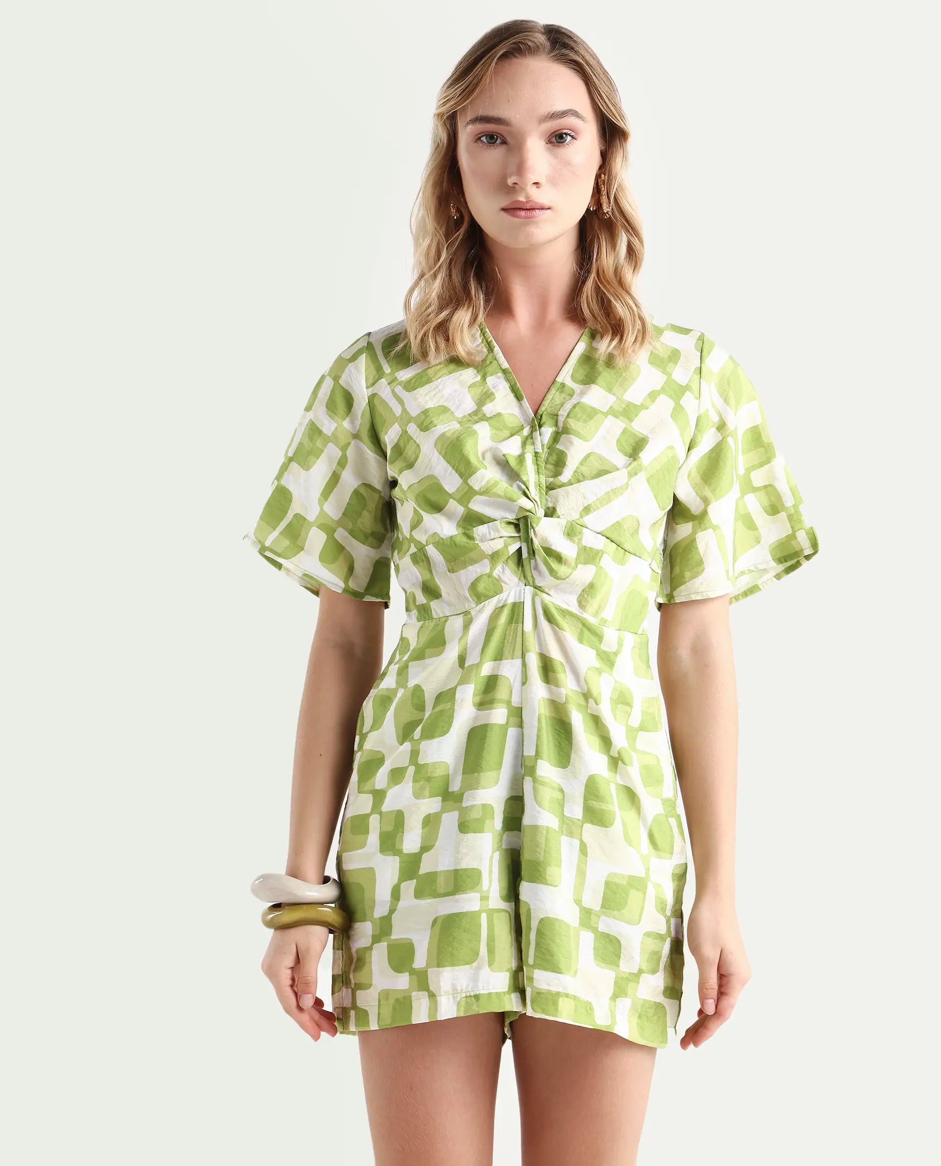 Rareism Women's Padua Light Green Nylon Blend V-Neck Geometric Print Bishop Sleeve Mini Regular Fit Playsuit