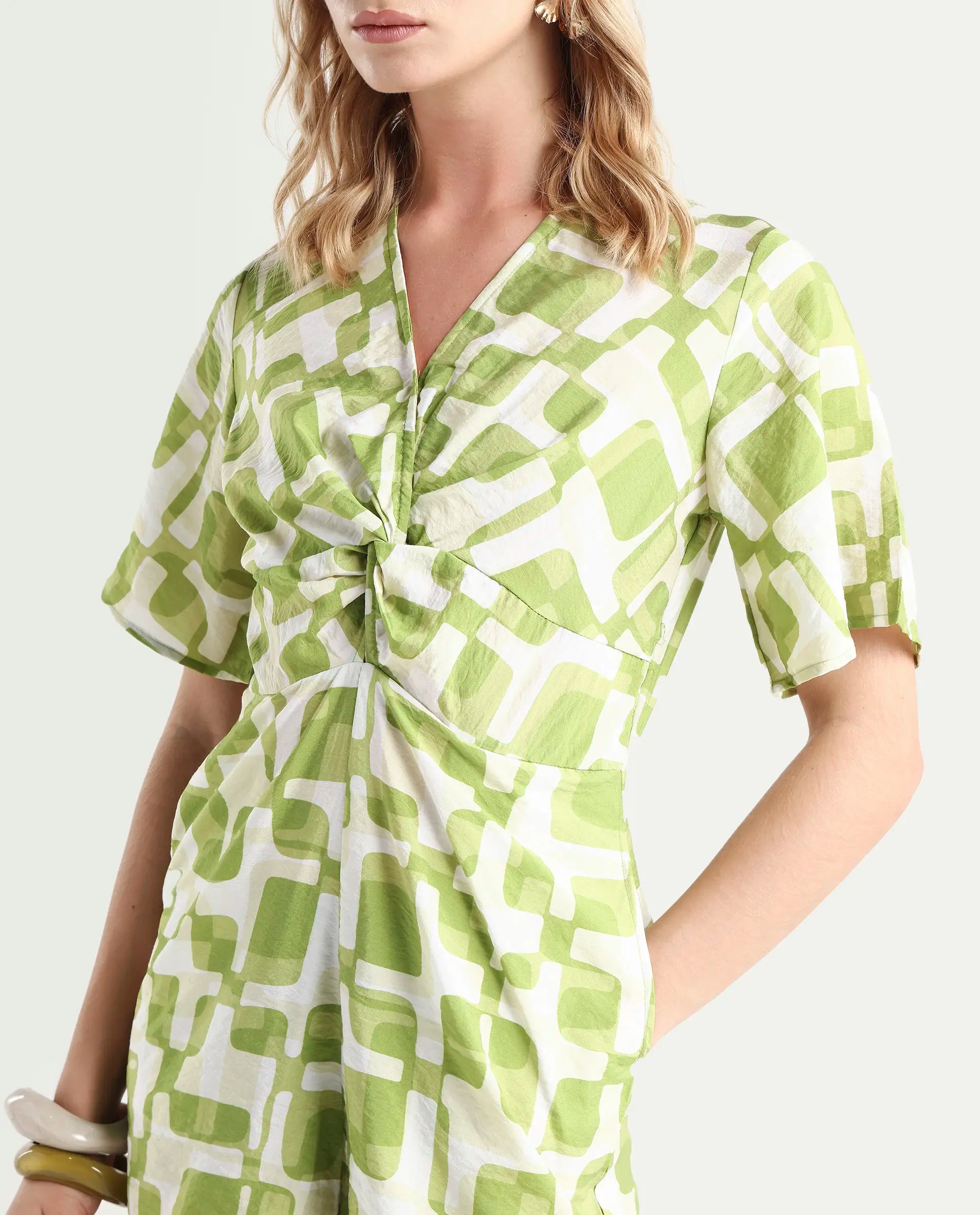 Rareism Women's Padua Light Green Nylon Blend V-Neck Geometric Print Bishop Sleeve Mini Regular Fit Playsuit
