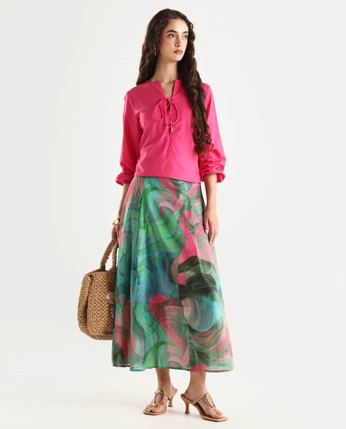 Rareism Women's Treviso Dusky Polyester Abstract Print Midi Flared Skirt