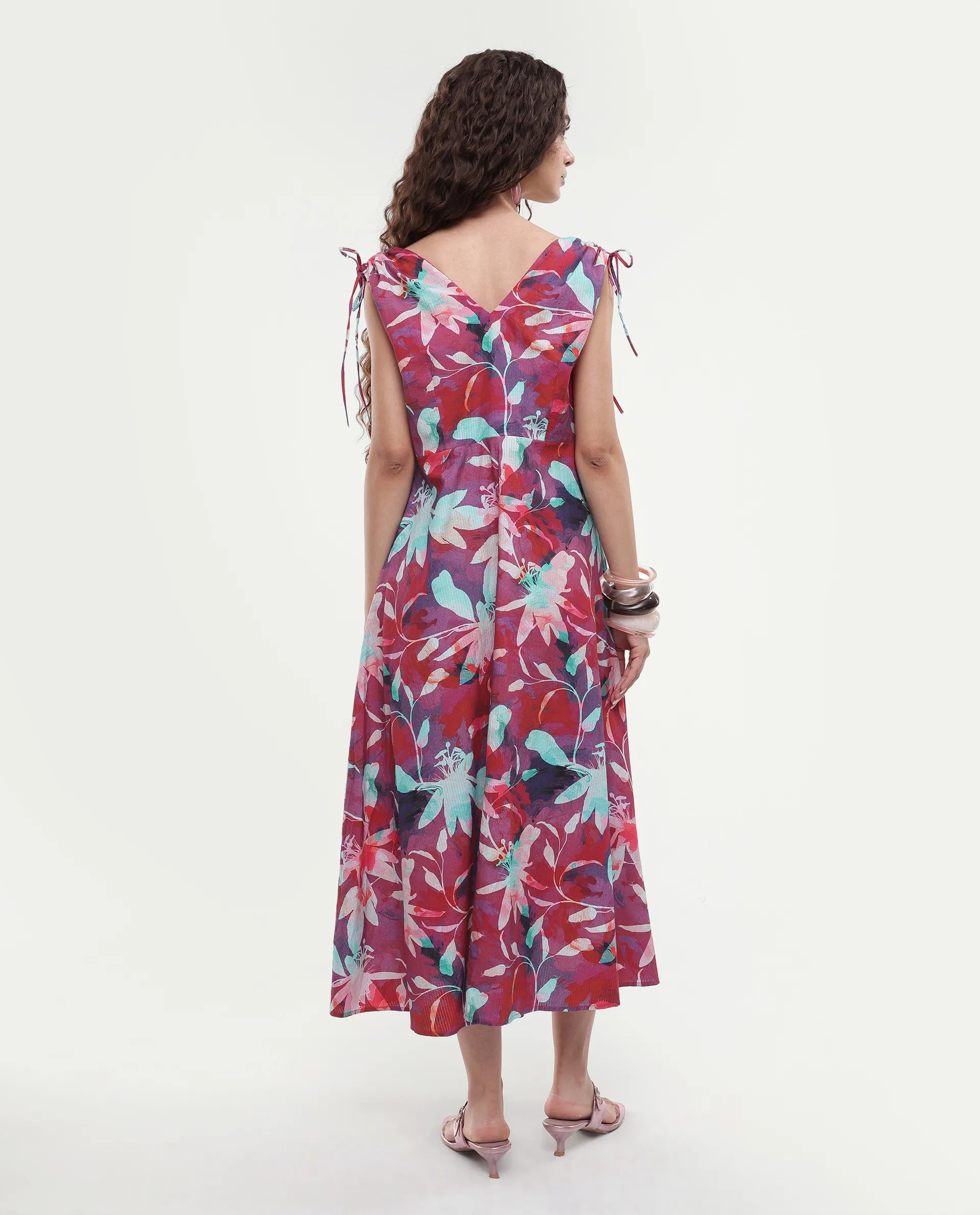 Rareism Women's Terumi Dark Multi Cotton Blend V-Neck Floral Print Sleeveless Midi Regular Fit Dress