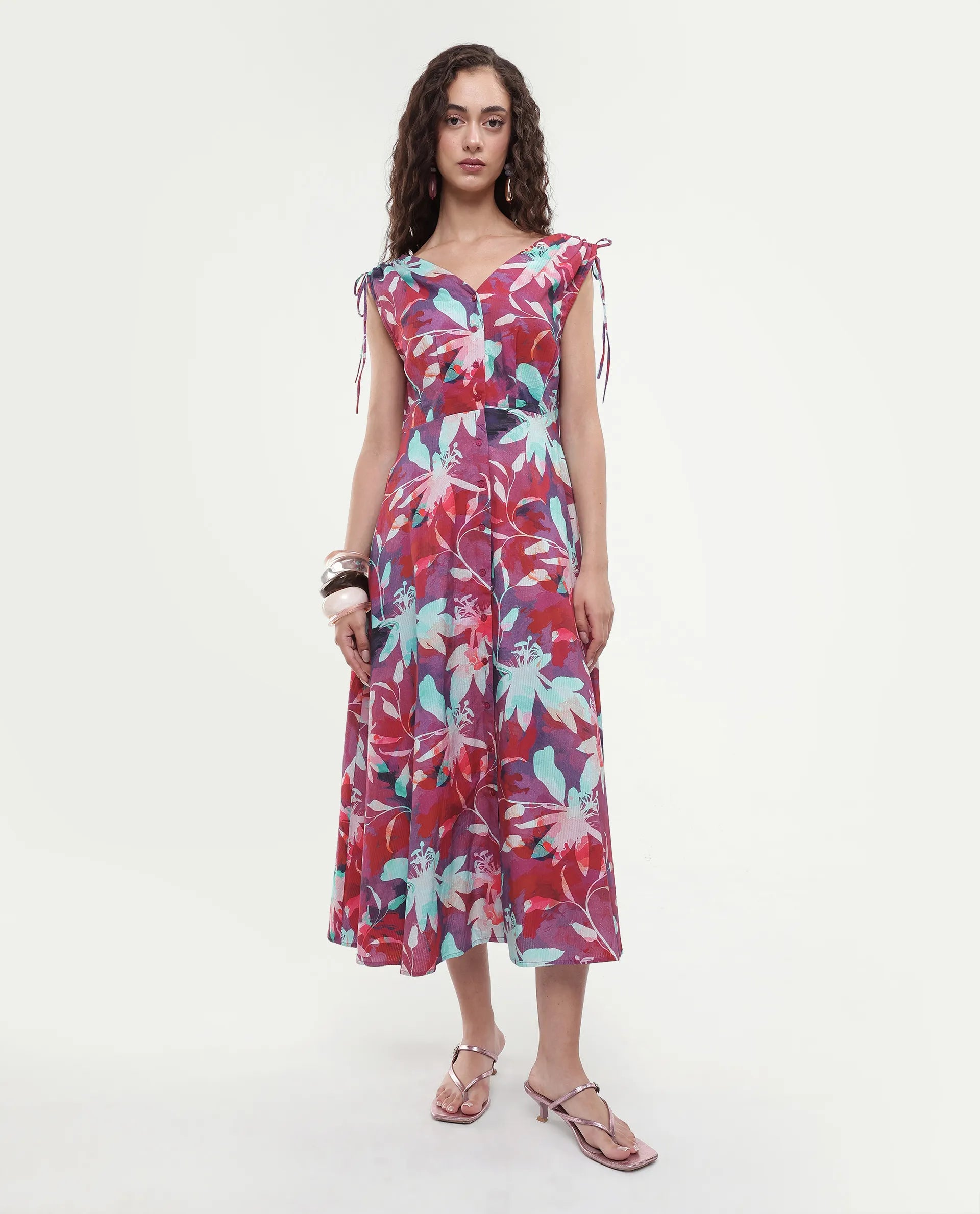 Rareism Women's Terumi Dark Multi Cotton Blend V-Neck Floral Print Sleeveless Midi Regular Fit Dress