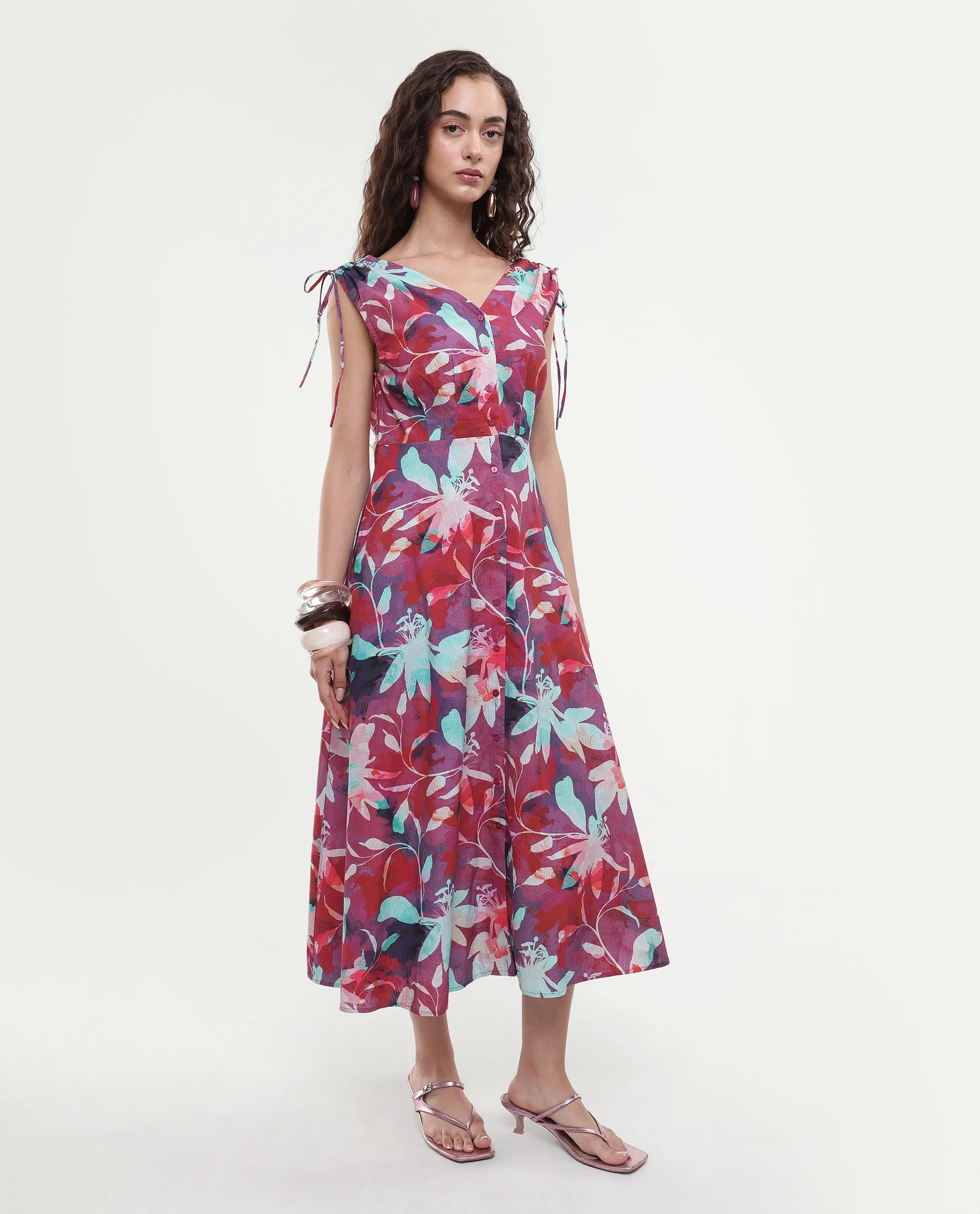 Rareism Women's Terumi Dark Multi Cotton Blend V-Neck Floral Print Sleeveless Midi Regular Fit Dress