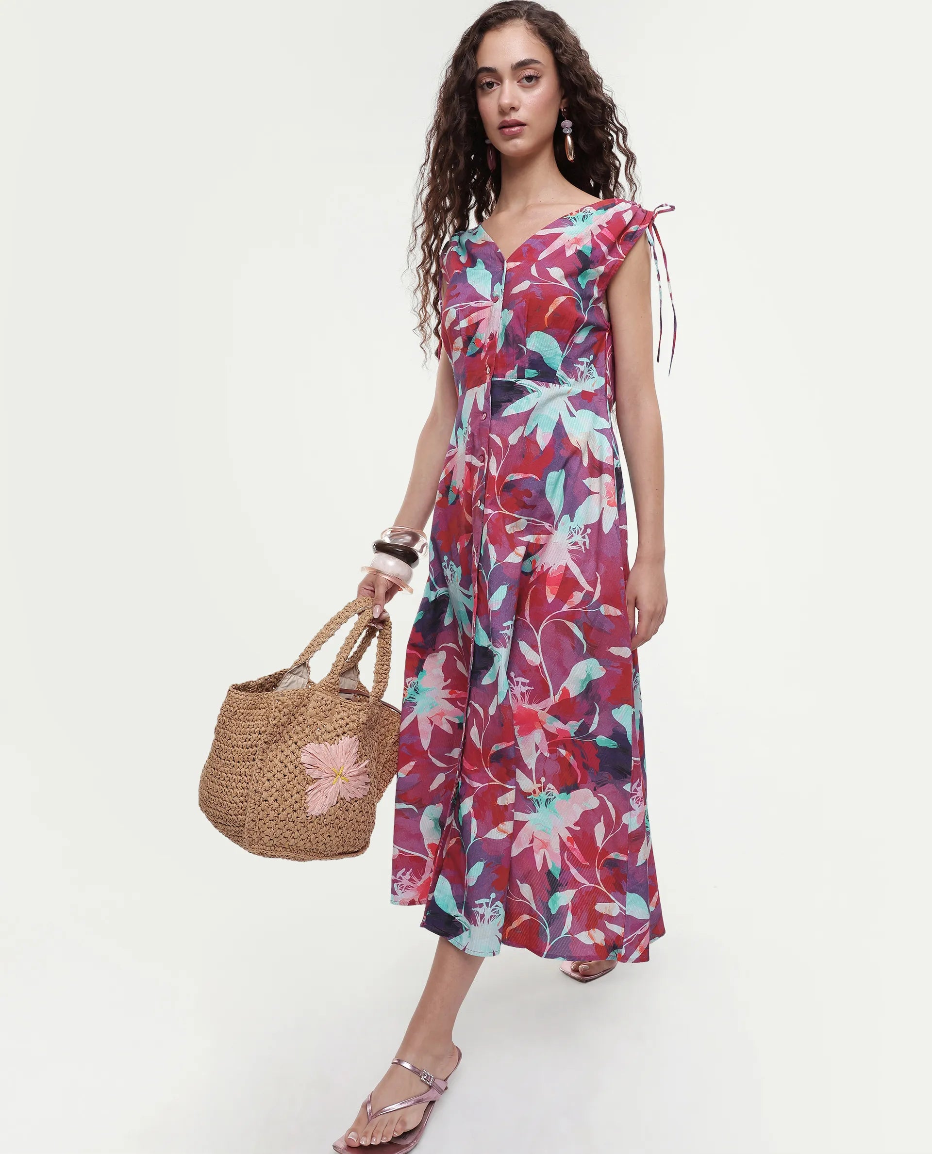 Rareism Women's Terumi Dark Multi Cotton Blend V-Neck Floral Print Sleeveless Midi Regular Fit Dress