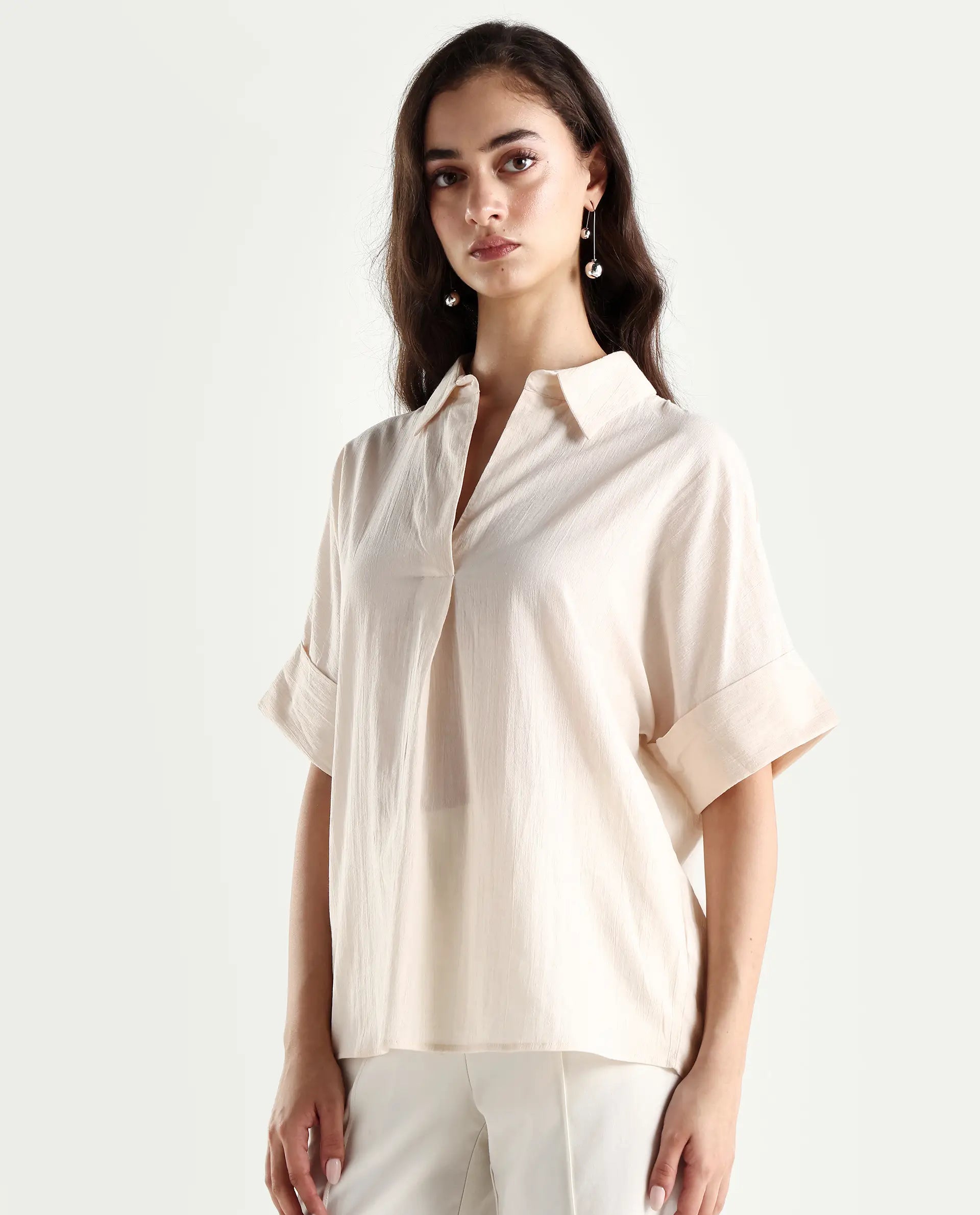 Rareism Women's Tabsco Light Off White Cotton Blend Lapel Neck Plain Regular Fit Shirt