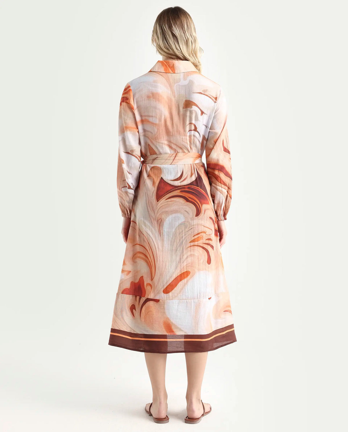 Rareism Women's Massa Light Multi Viscose Blend Drop Collar Abstract Print Bishop Sleeve Midi Relaxed Fit Dress