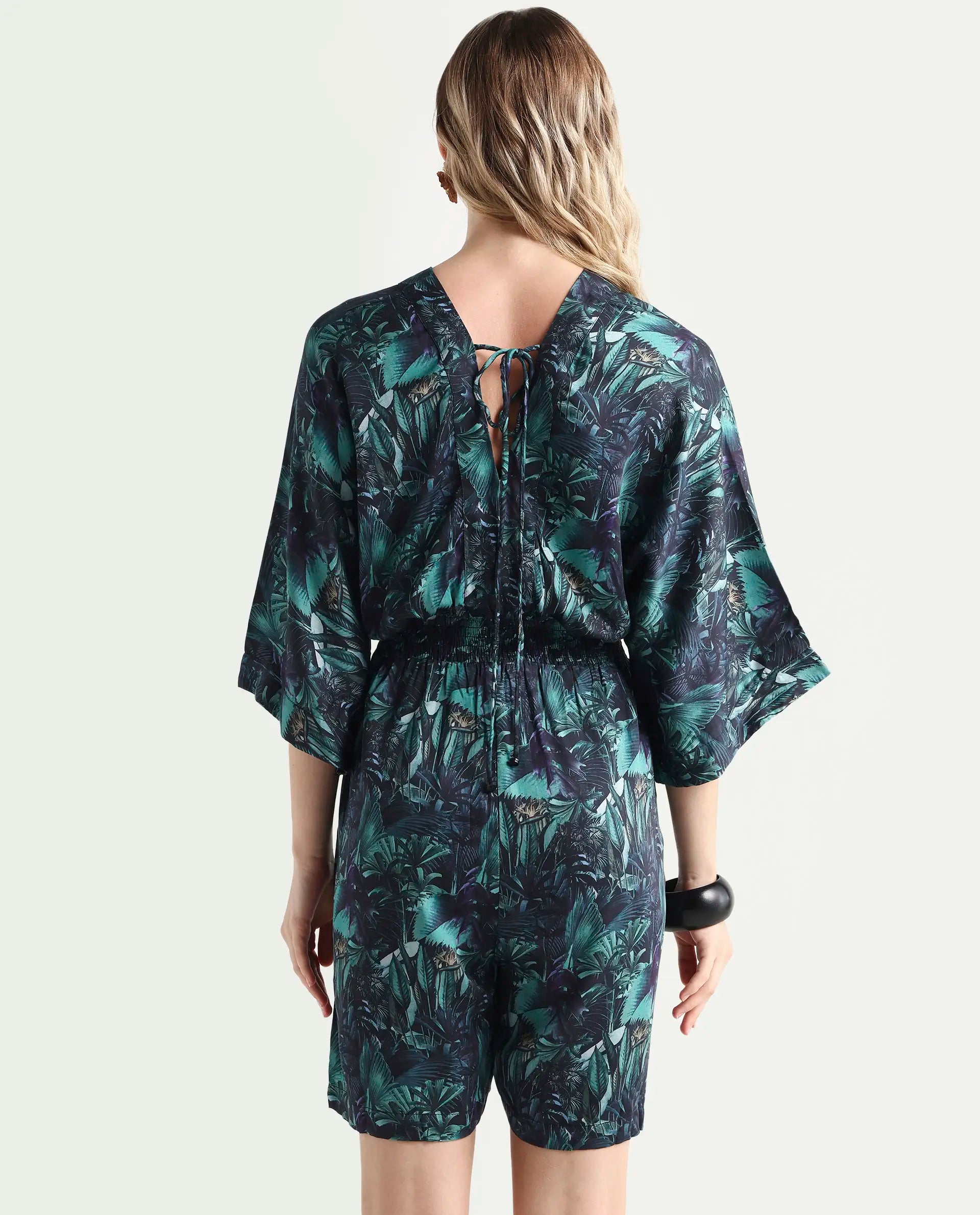 Rareism Women's Cimbo Dark Multi Cotton Blend V-Neck Tropical Print Extended Sleeves Mini Relaxed Fit Playsuit