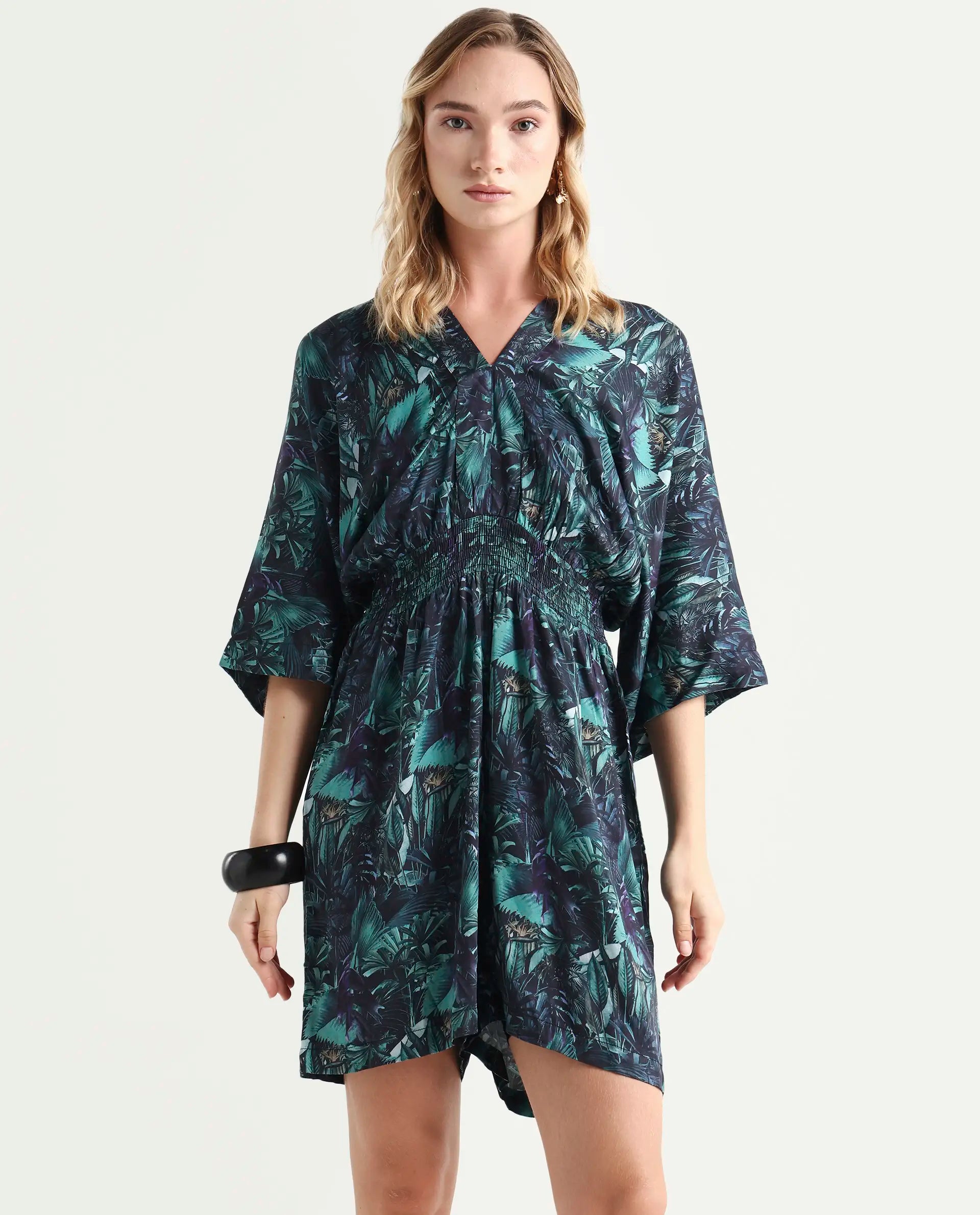 Rareism Women's Cimbo Dark Multi Cotton Blend V-Neck Tropical Print Extended Sleeves Mini Relaxed Fit Playsuit