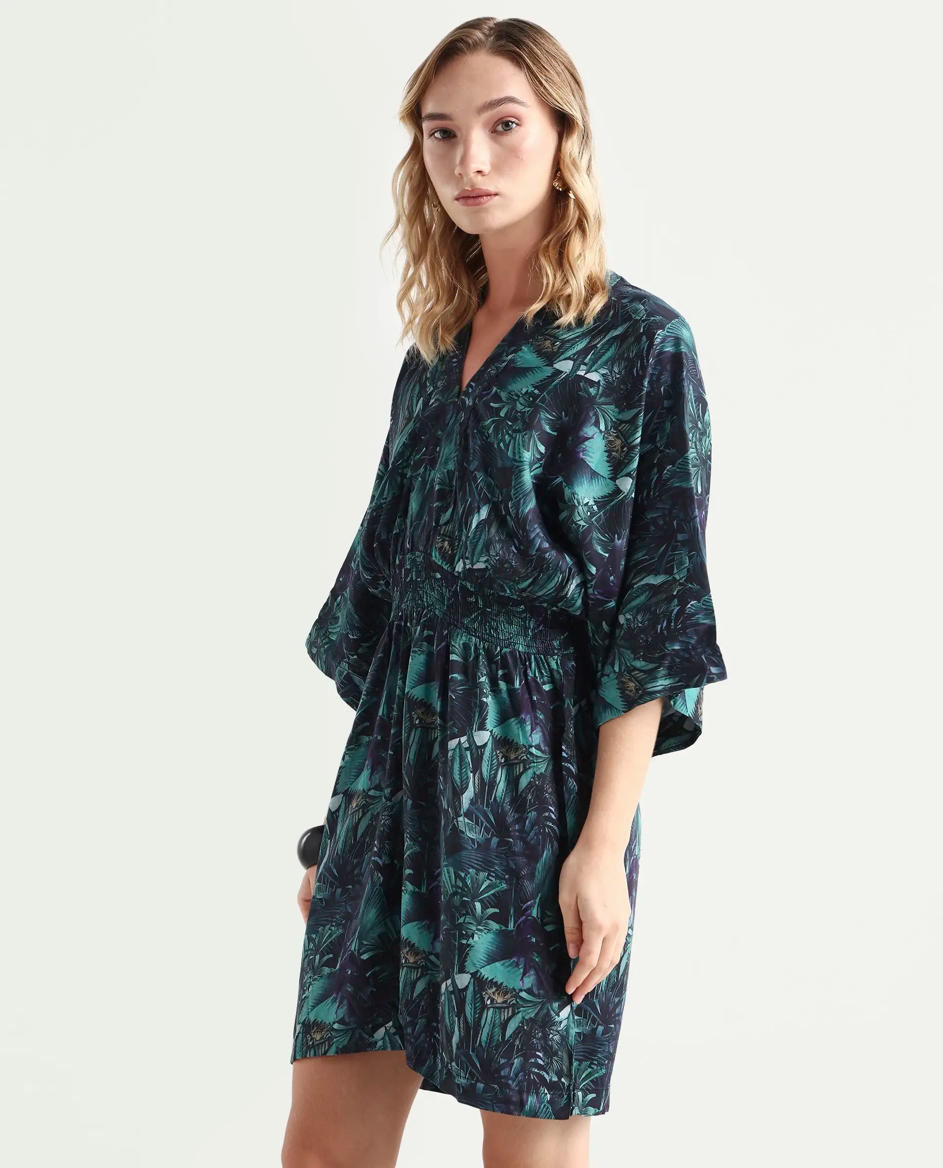 Rareism Women's Cimbo Dark Multi Cotton Blend V-Neck Tropical Print Extended Sleeves Mini Relaxed Fit Playsuit
