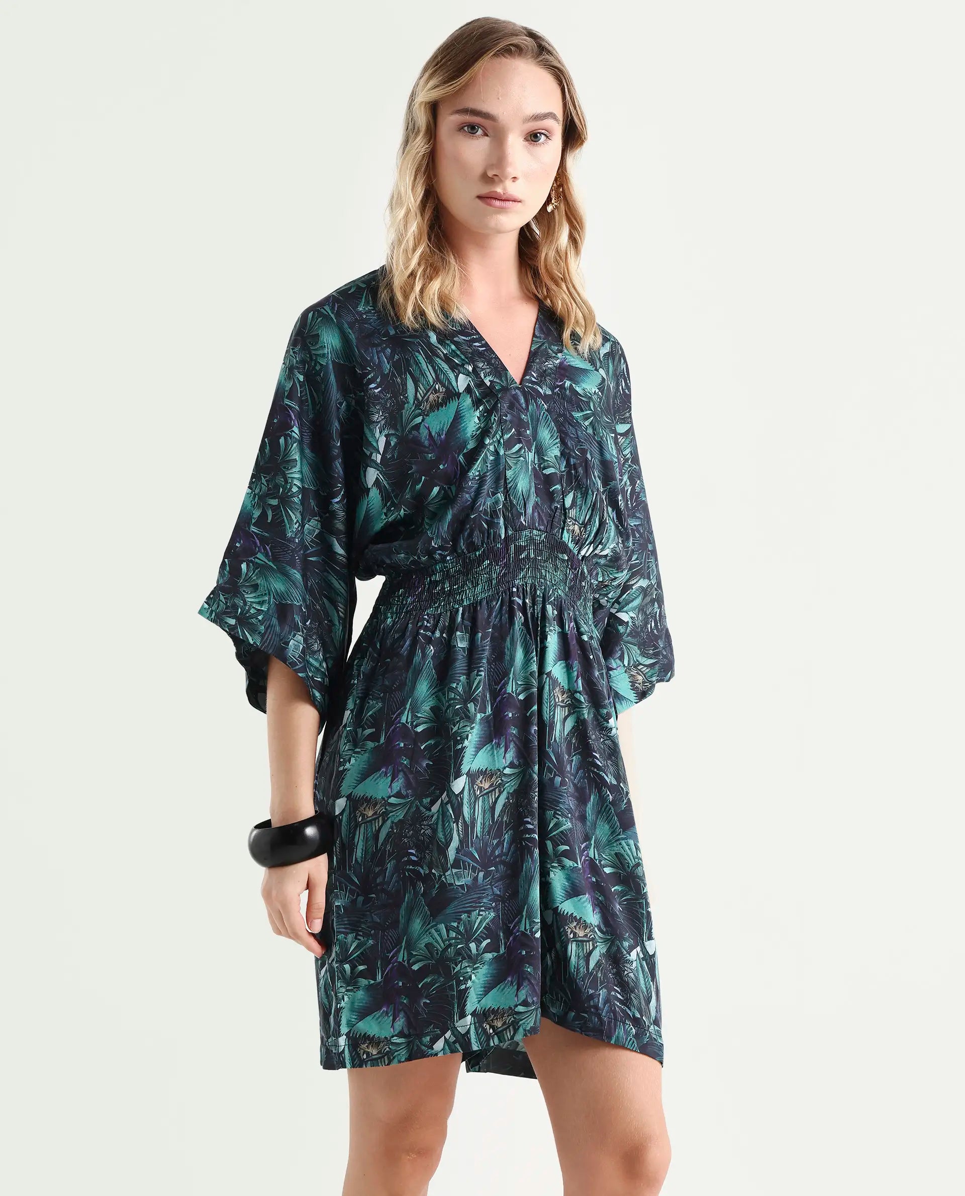 Rareism Women's Cimbo Dark Multi Cotton Blend V-Neck Tropical Print Extended Sleeves Mini Relaxed Fit Playsuit