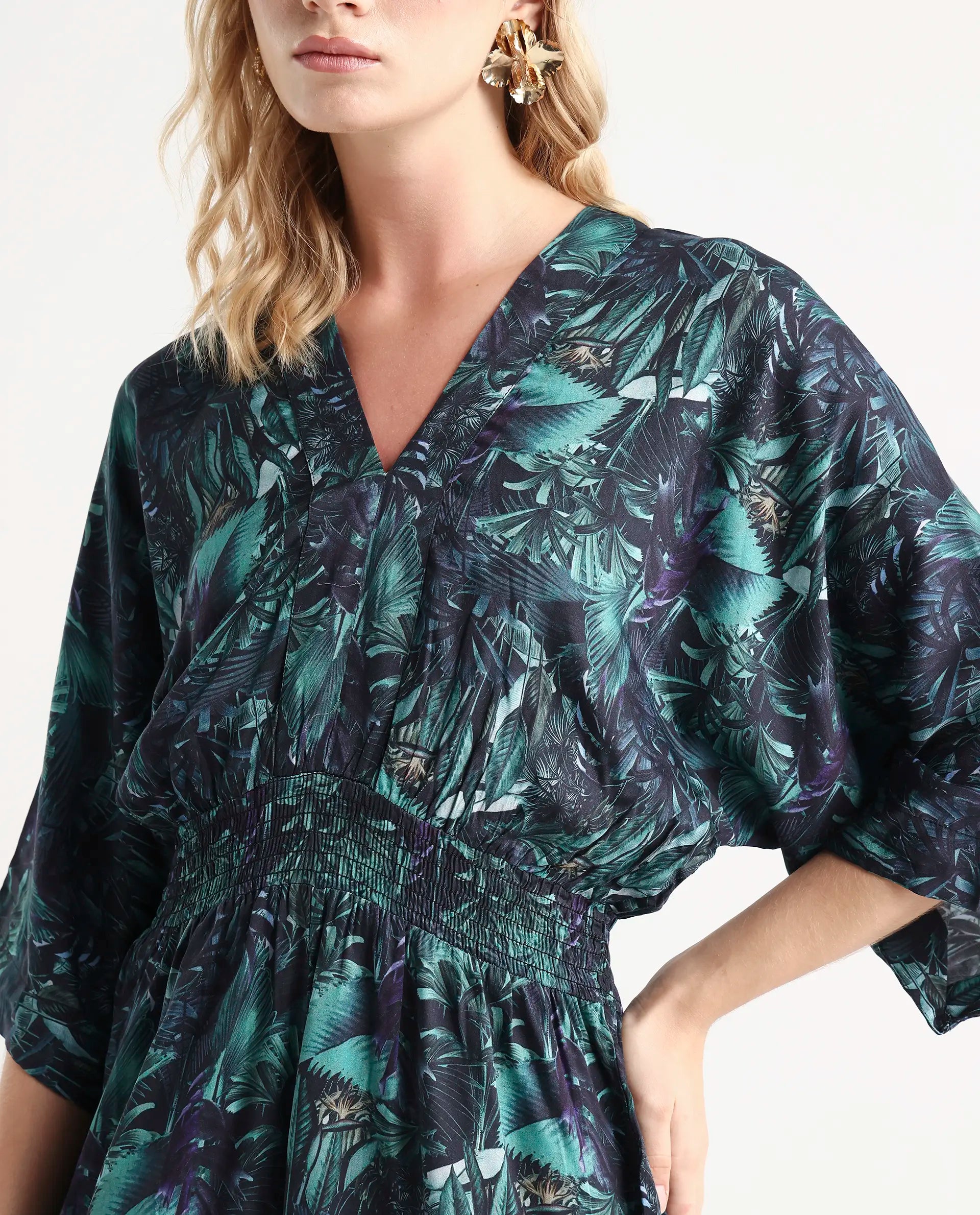 Rareism Women's Cimbo Dark Multi Cotton Blend V-Neck Tropical Print Extended Sleeves Mini Relaxed Fit Playsuit