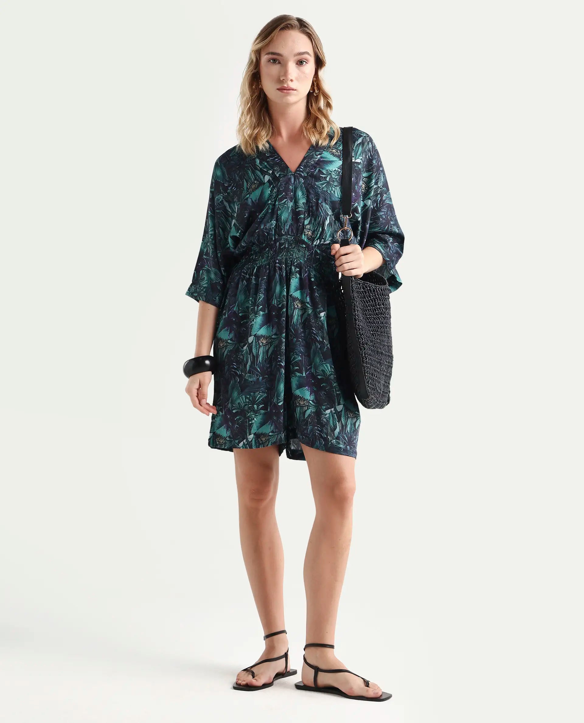 Rareism Women's Cimbo Dark Multi Cotton Blend V-Neck Tropical Print Extended Sleeves Mini Relaxed Fit Playsuit