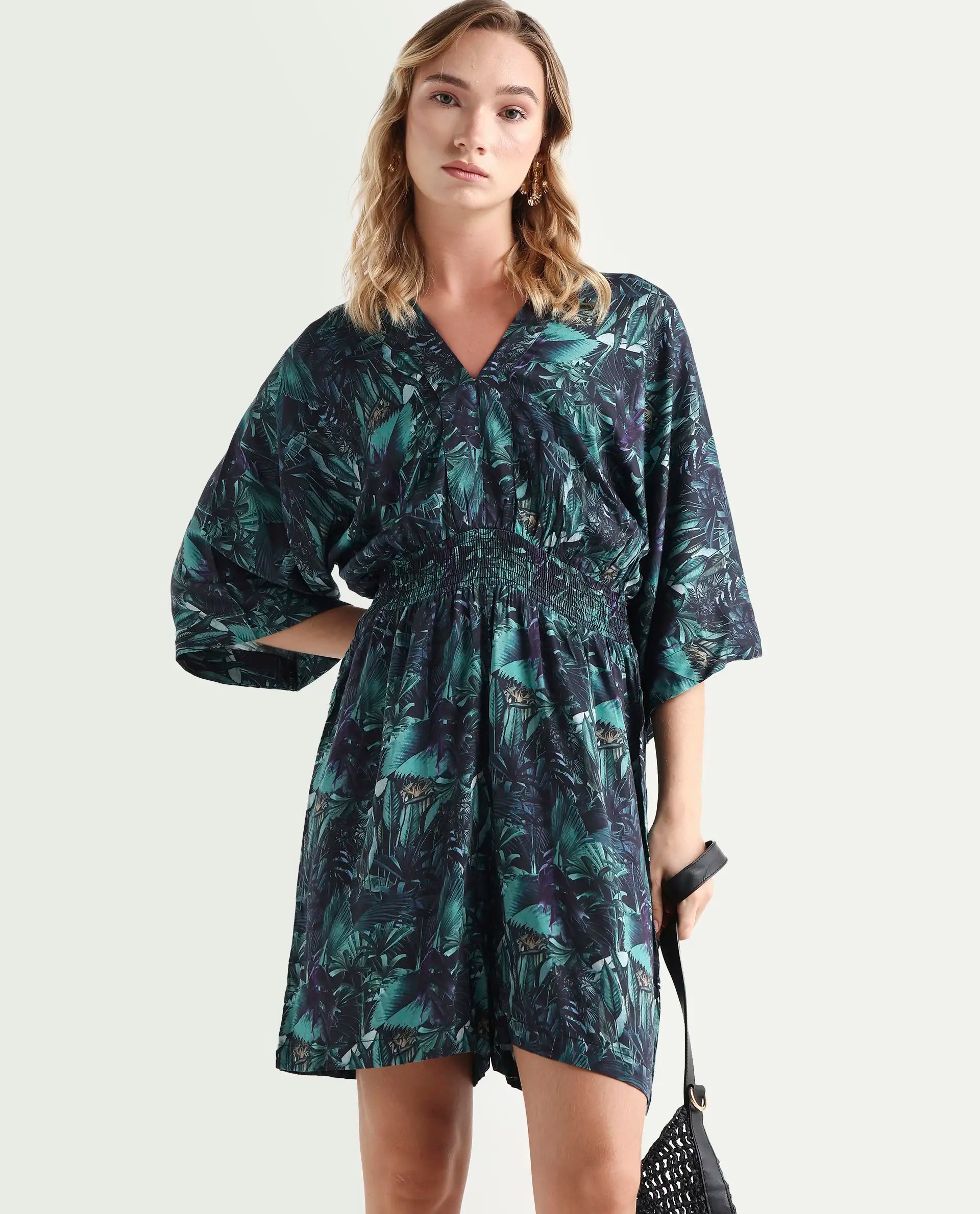 Rareism Women's Cimbo Dark Multi Cotton Blend V-Neck Tropical Print Extended Sleeves Mini Relaxed Fit Playsuit