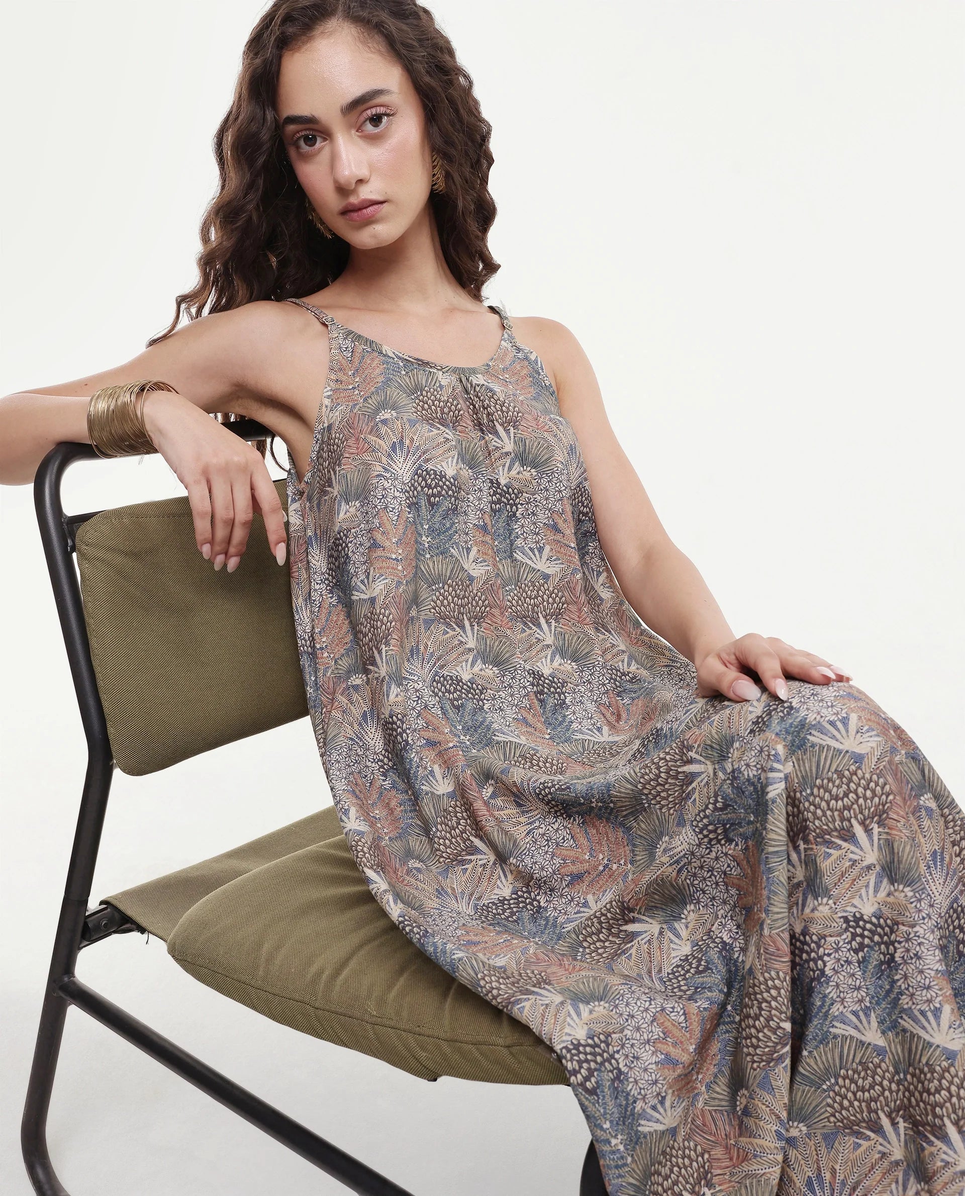 Rareism Women's Marvia Dark Multi Polyester Shoulder Strap Botanical Print Sleeveless Maxi Flared Dress