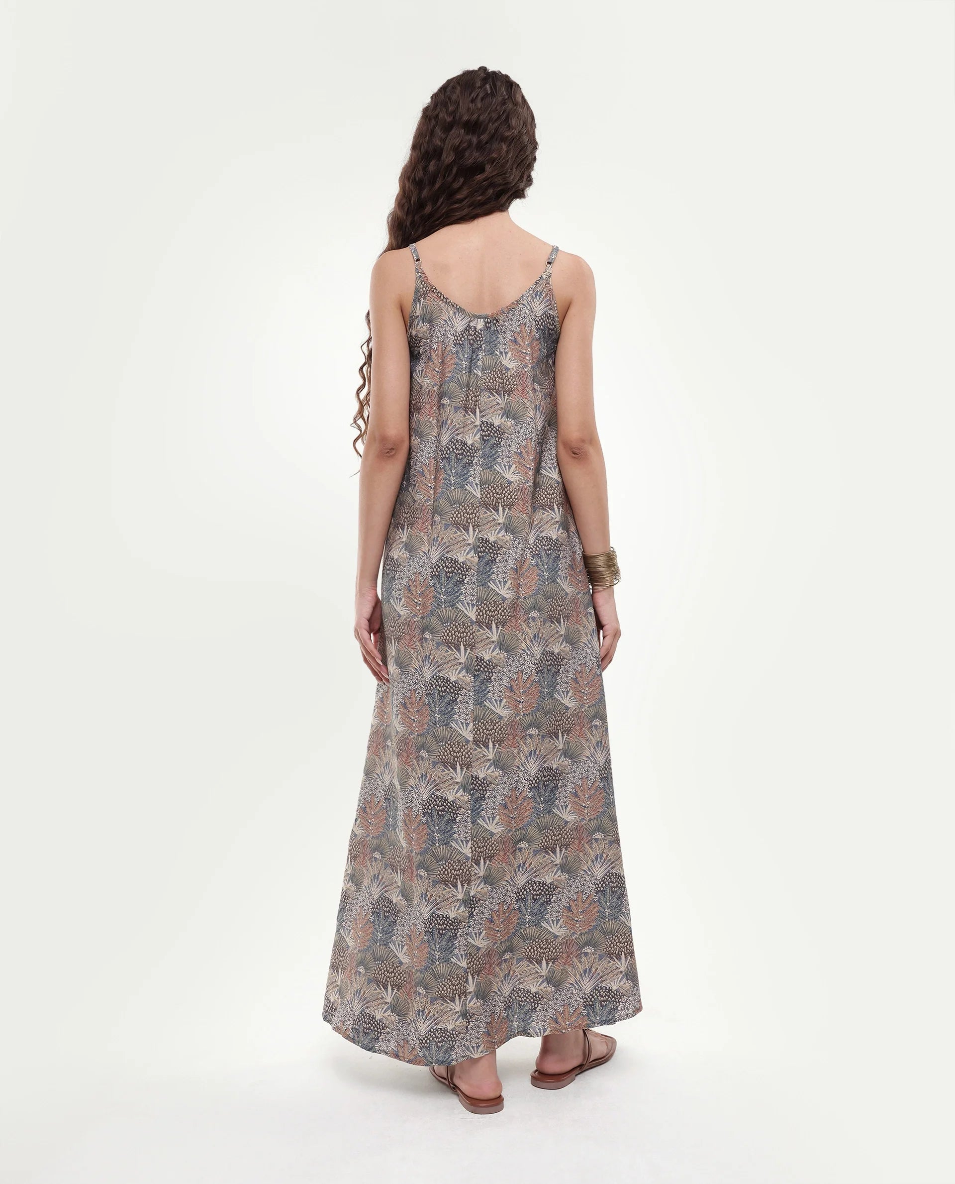 Rareism Women's Marvia Dark Multi Polyester Shoulder Strap Botanical Print Sleeveless Maxi Flared Dress