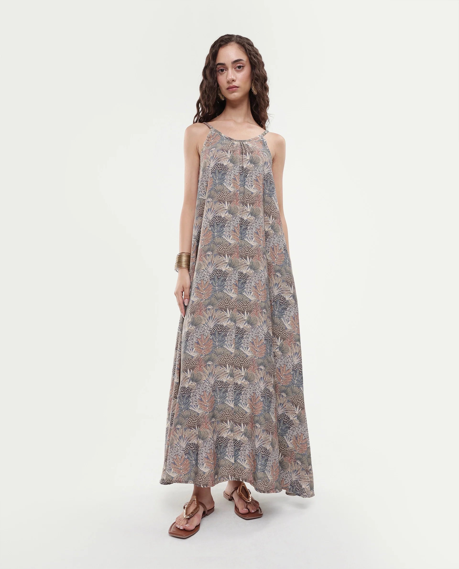 Rareism Women's Marvia Dark Multi Polyester Shoulder Strap Botanical Print Sleeveless Maxi Flared Dress