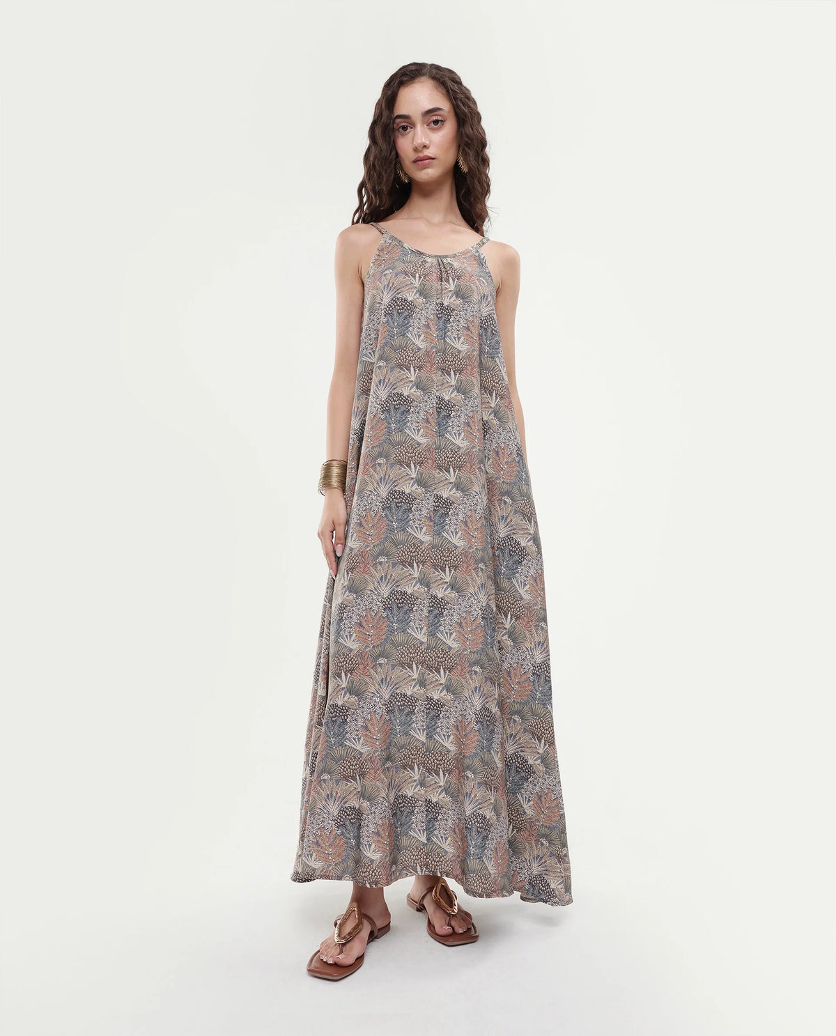 Rareism Women's Marvia Dark Multi Polyester Shoulder Strap Botanical Print Sleeveless Maxi Flared Dress