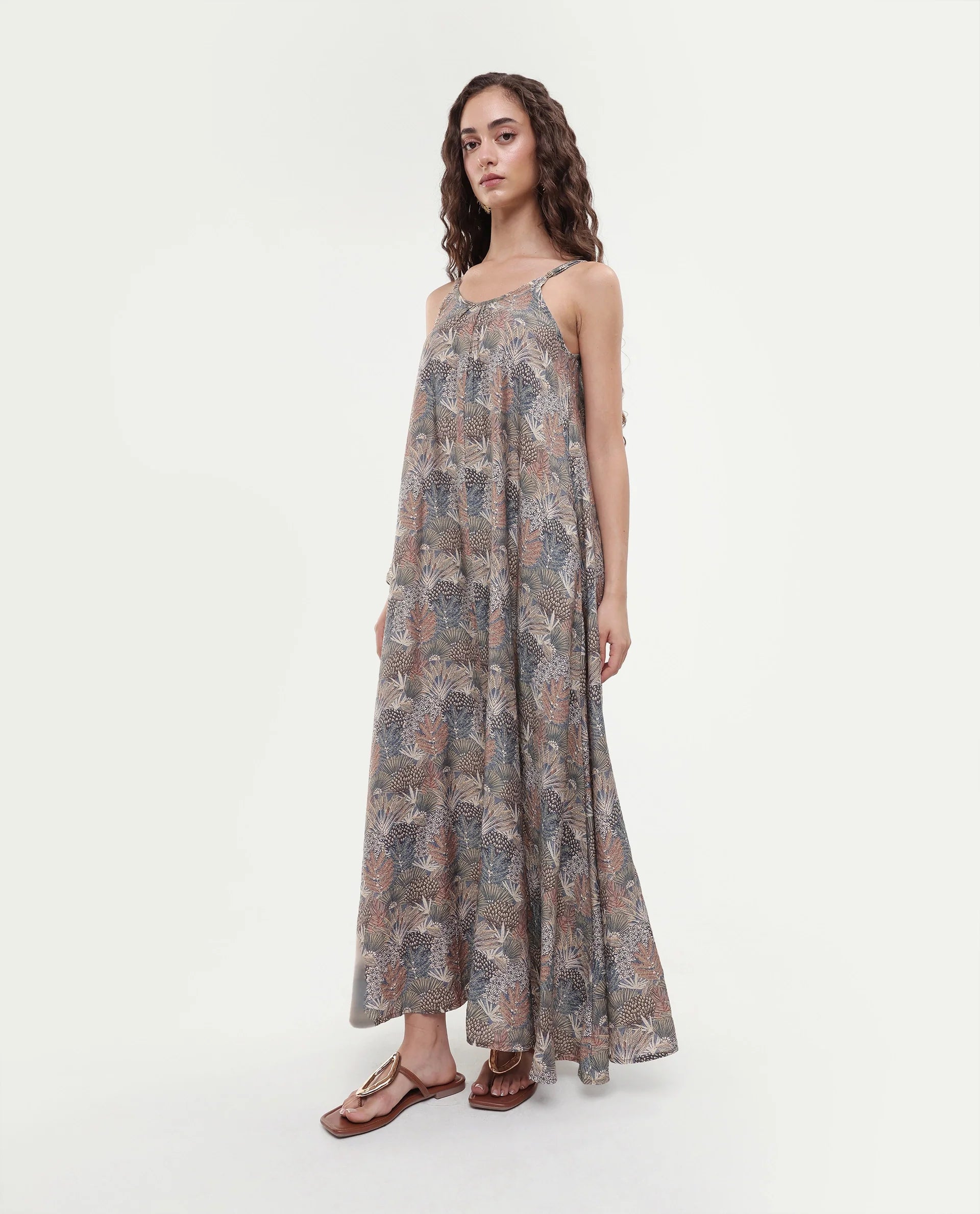 Rareism Women's Marvia Dark Multi Polyester Shoulder Strap Botanical Print Sleeveless Maxi Flared Dress