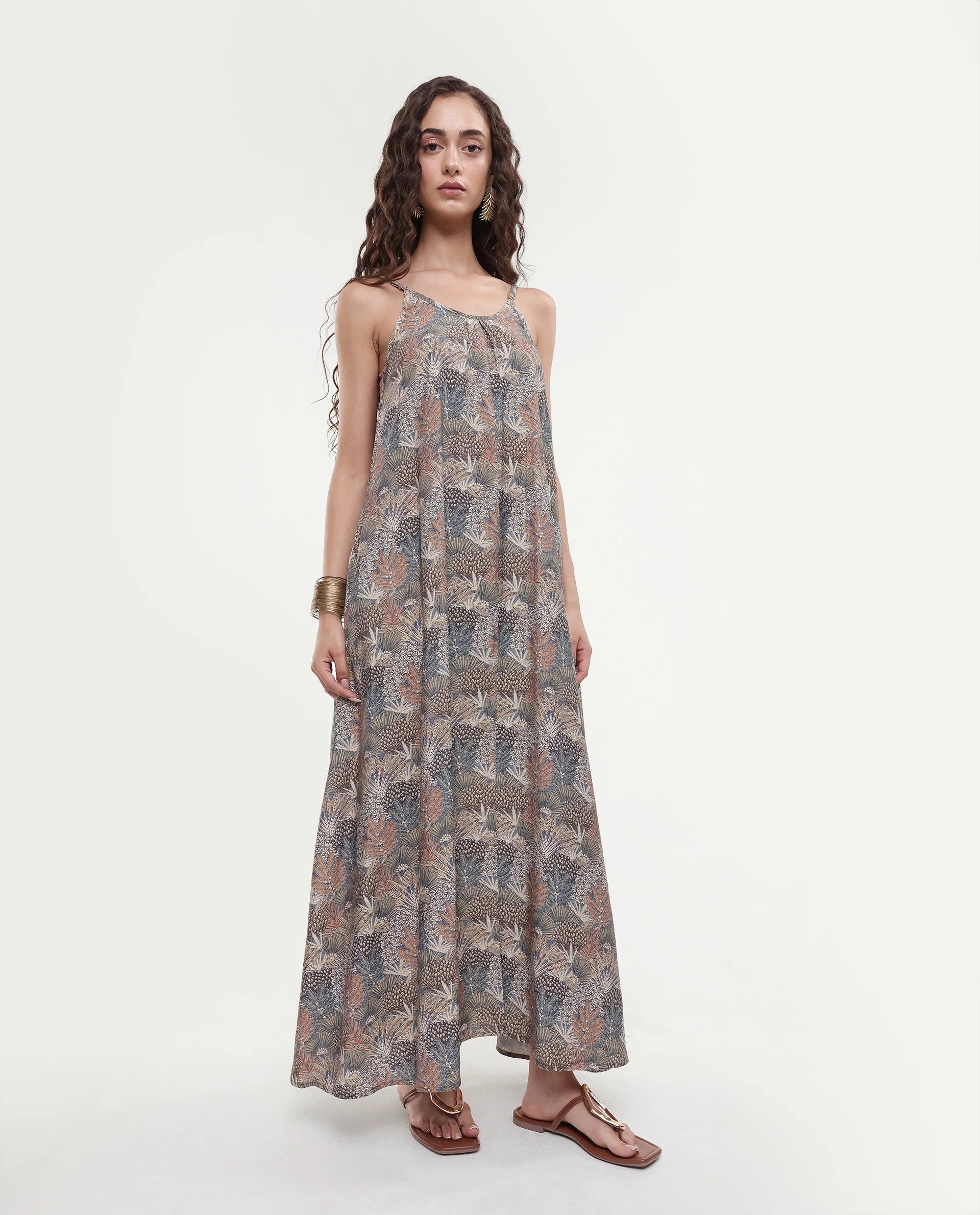 Rareism Women's Marvia Dark Multi Polyester Shoulder Strap Botanical Print Sleeveless Maxi Flared Dress