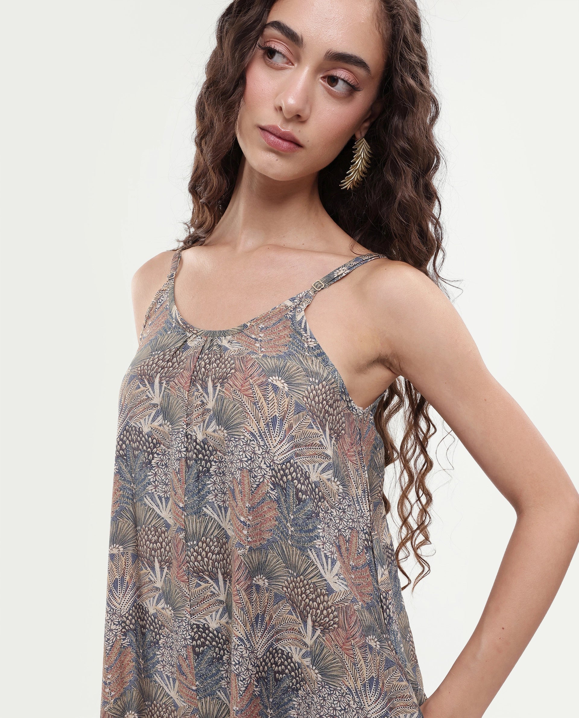 Rareism Women's Marvia Dark Multi Polyester Shoulder Strap Botanical Print Sleeveless Maxi Flared Dress