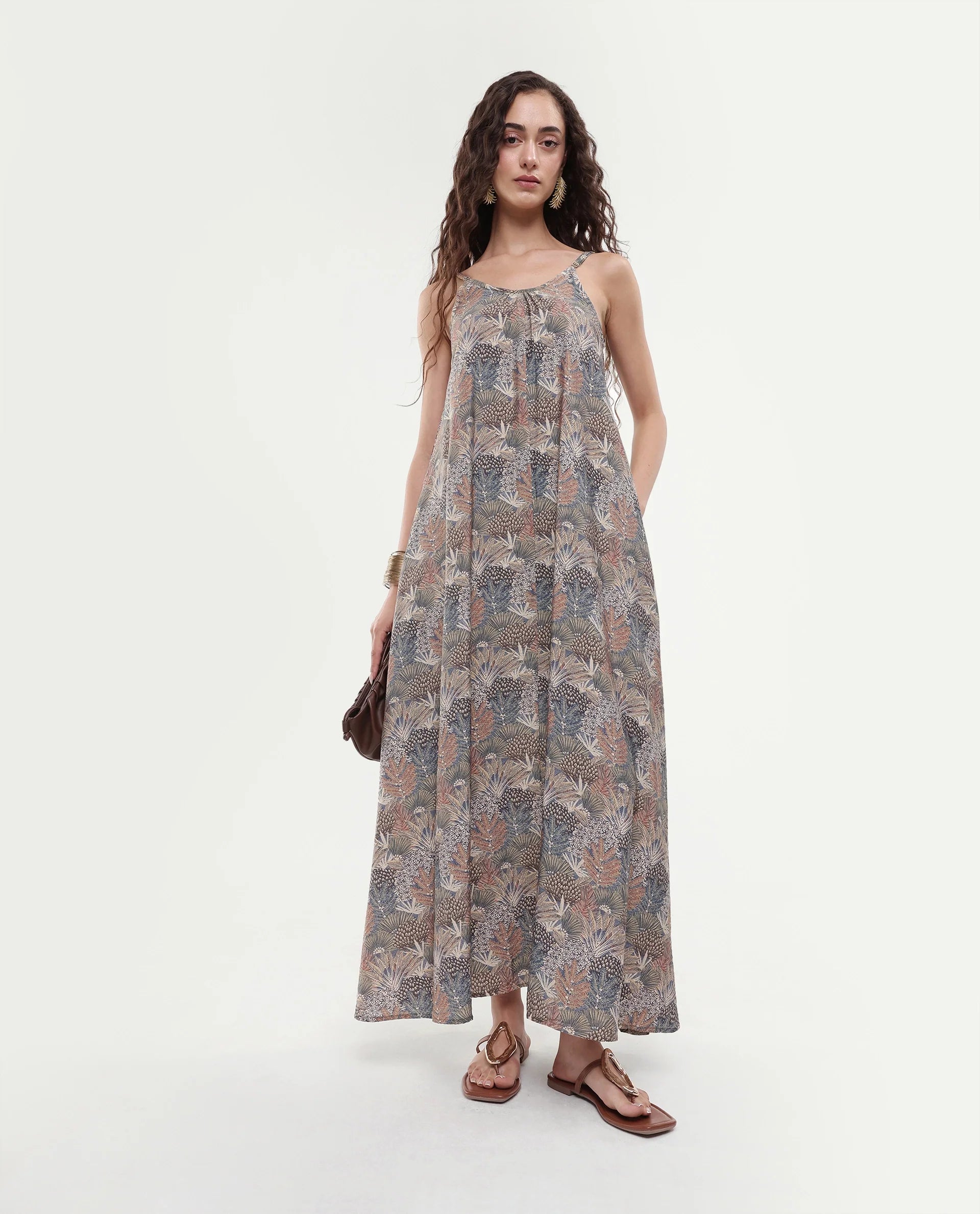Rareism Women's Marvia Dark Multi Polyester Shoulder Strap Botanical Print Sleeveless Maxi Flared Dress