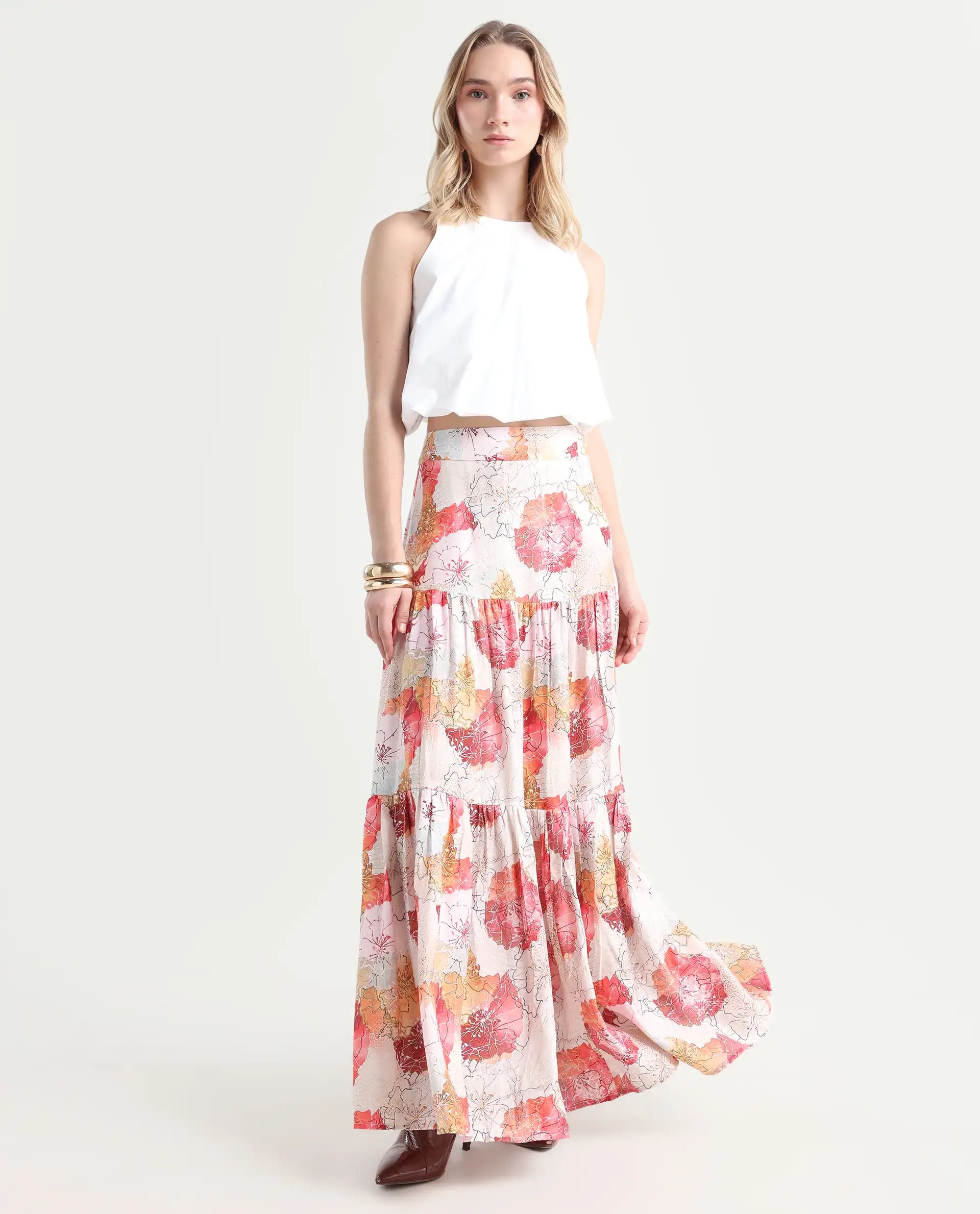 Rareism Women's Solan Multi Viscose Blend Floral Print Maxi Flared Skirt