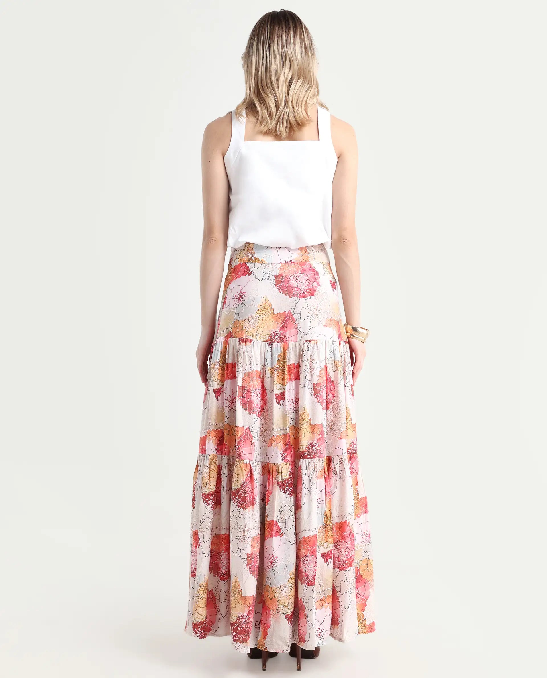 Rareism Women's Solan Multi Viscose Blend Floral Print Maxi Flared Skirt