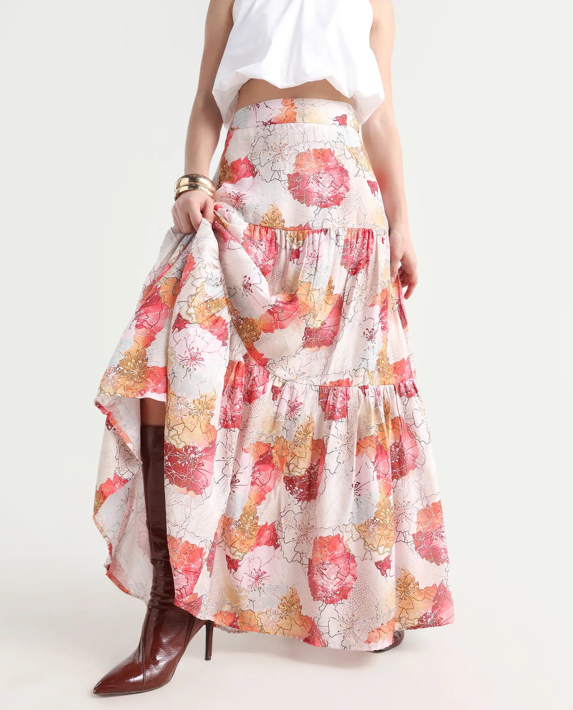 Rareism Women's Solan Multi Viscose Blend Floral Print Maxi Flared Skirt