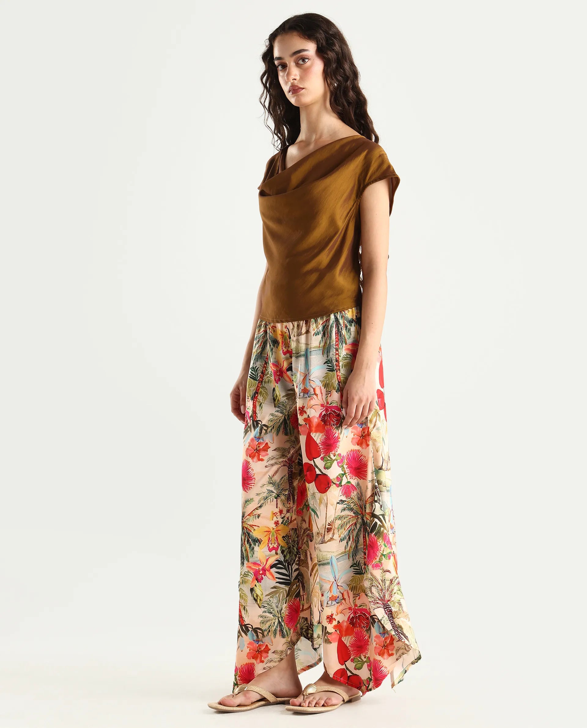 Rareism Women's Janary Multi Cotton Blend Tropical Print Ankle Length Flared Trouser