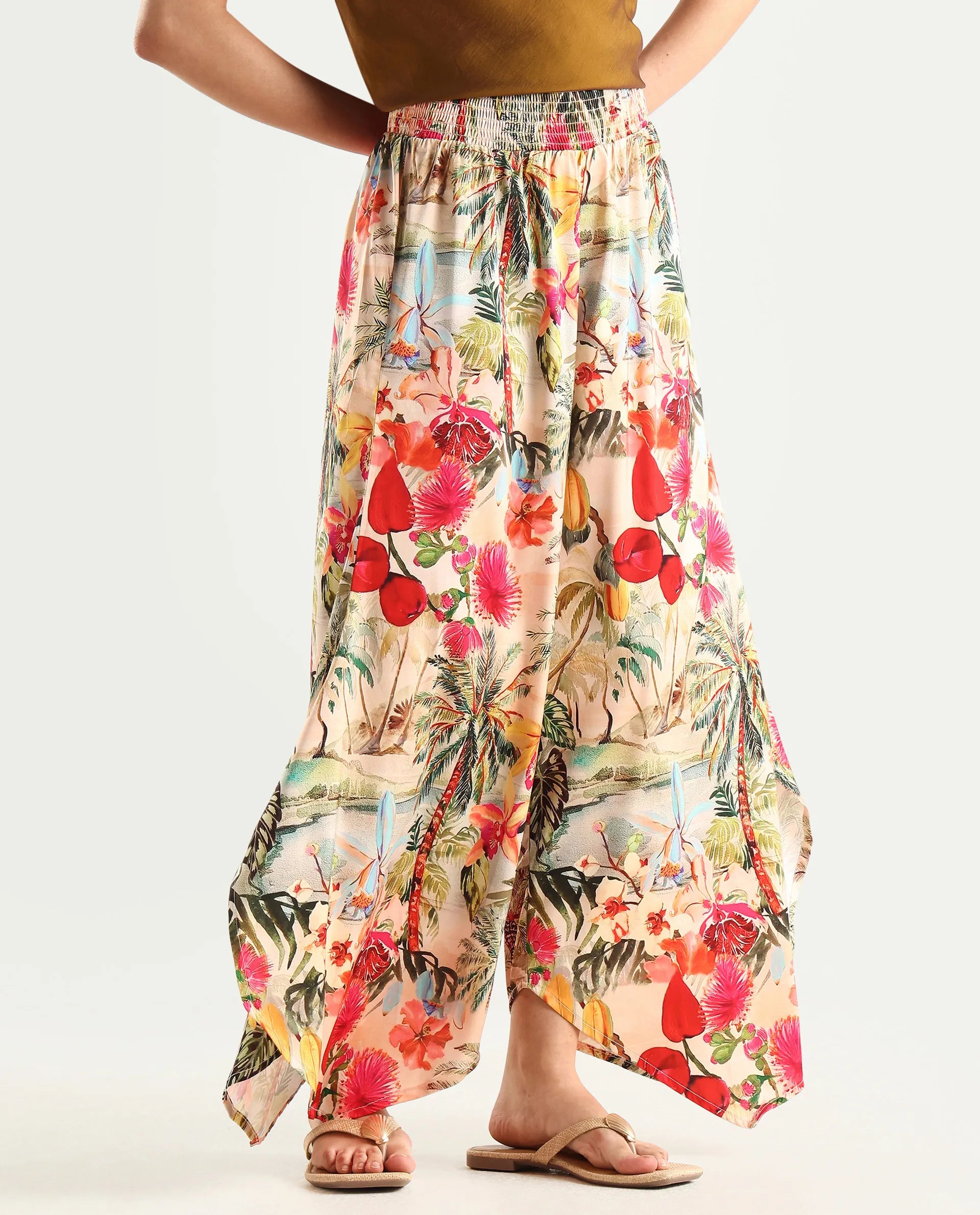 Rareism Women's Janary Multi Cotton Blend Tropical Print Ankle Length Flared Trouser