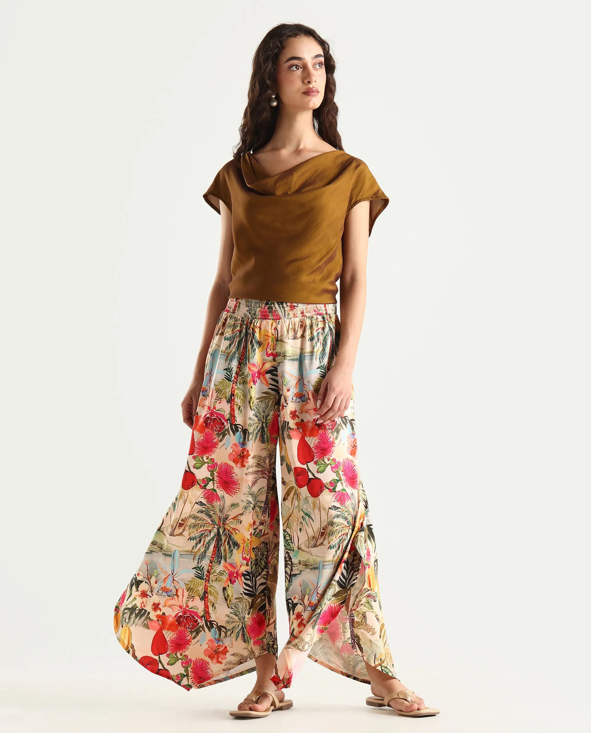 Rareism Women's Janary Multi Cotton Blend Tropical Print Ankle Length Flared Trouser