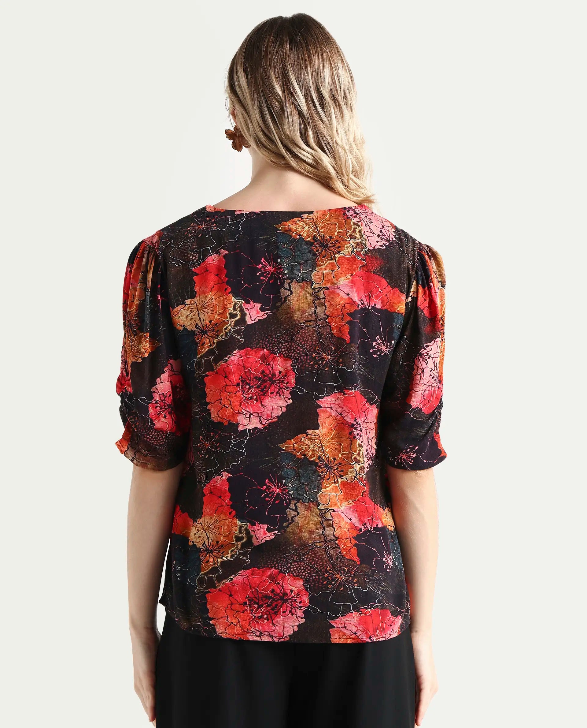 Rareism Women's Labia Multi Cotton Blend V-Neck Floral Print Bell Sleeve Crop Regular Fit Top