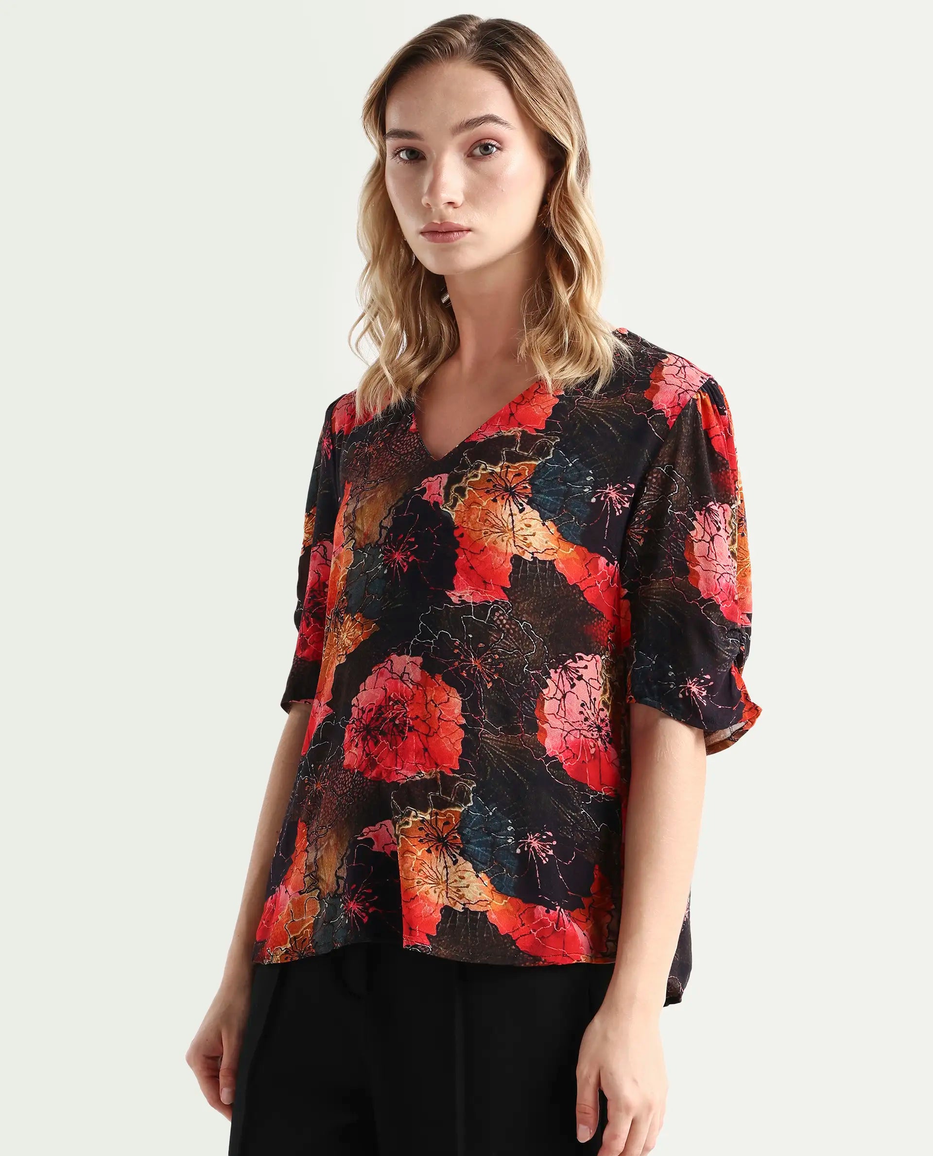 Rareism Women's Labia Multi Cotton Blend V-Neck Floral Print Bell Sleeve Crop Regular Fit Top