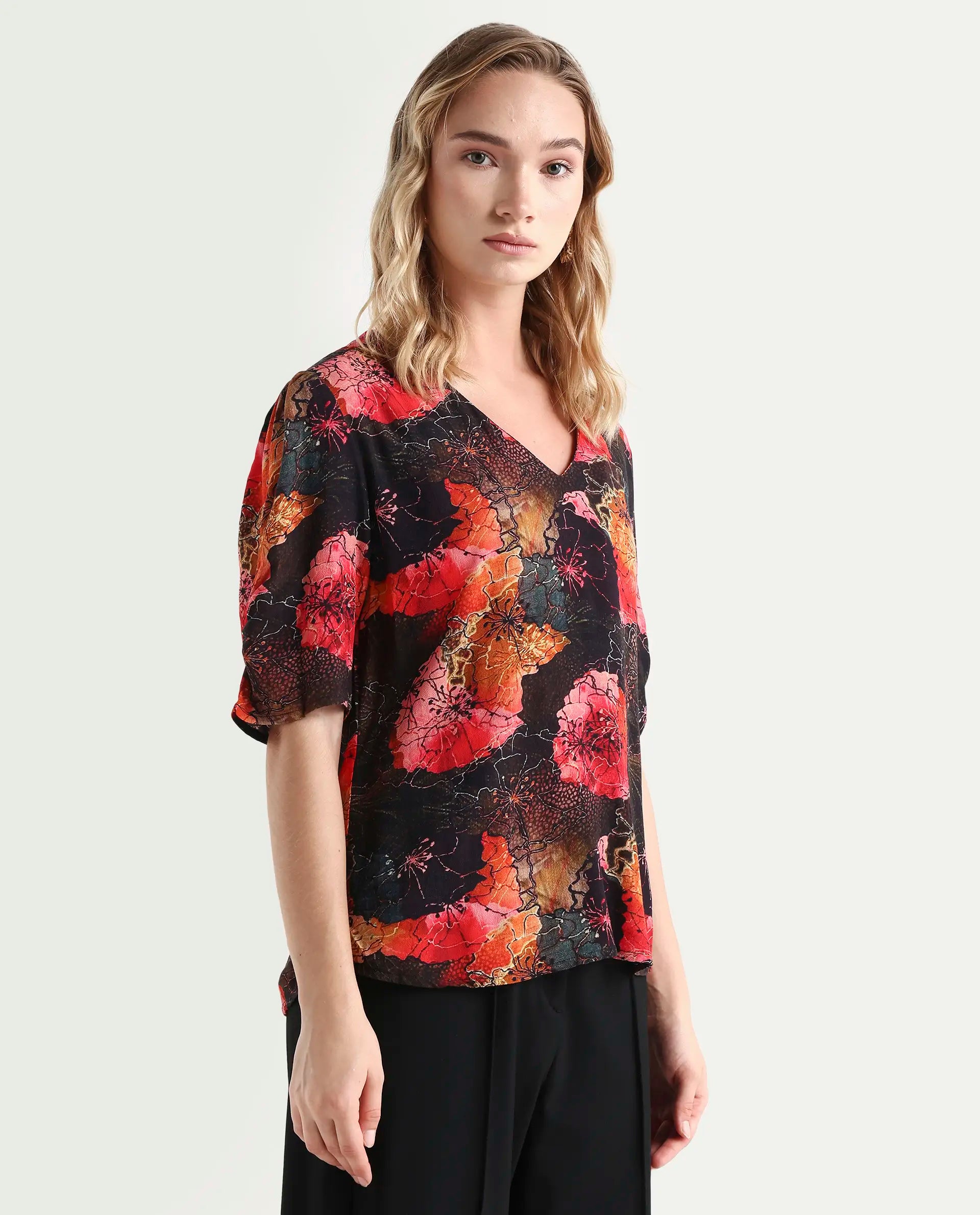Rareism Women's Labia Multi Cotton Blend V-Neck Floral Print Bell Sleeve Crop Regular Fit Top