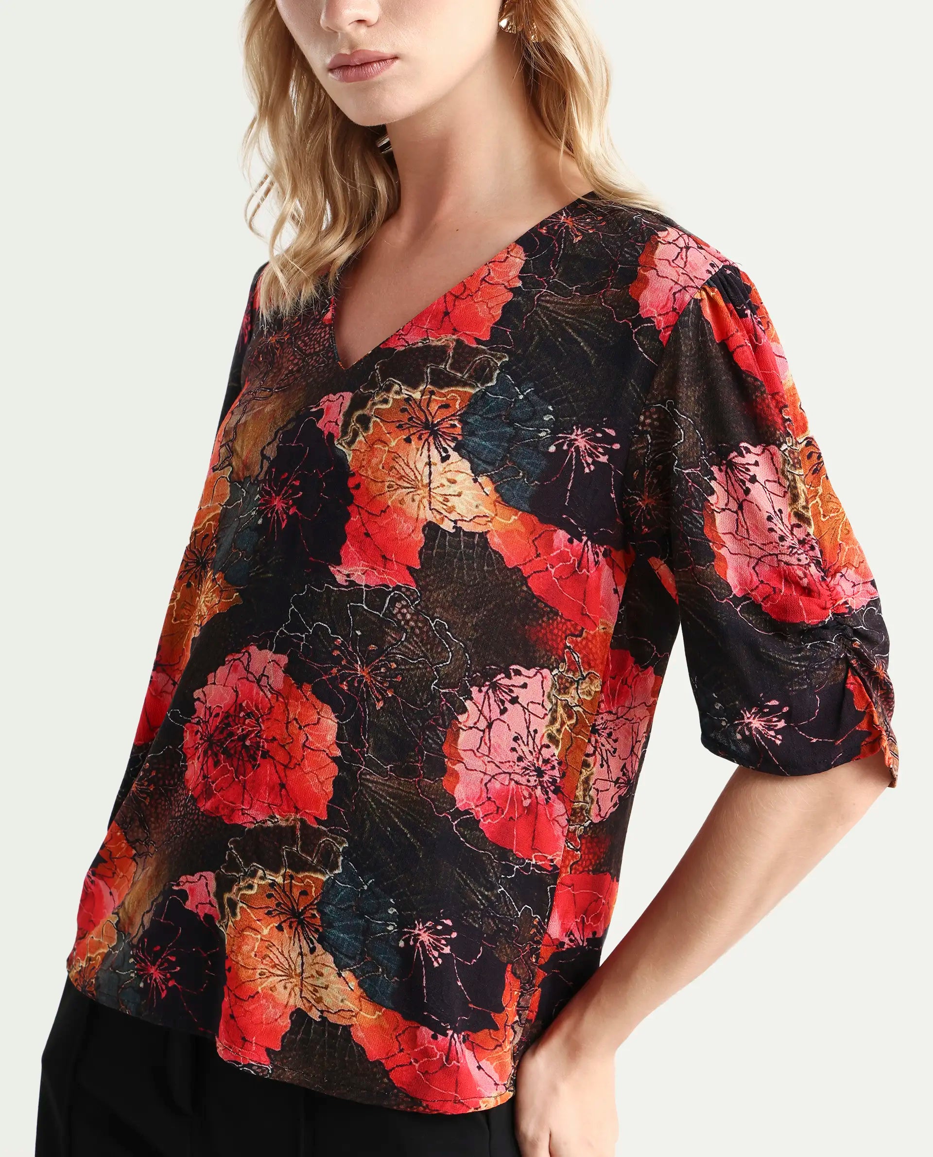 Rareism Women's Labia Multi Cotton Blend V-Neck Floral Print Bell Sleeve Crop Regular Fit Top