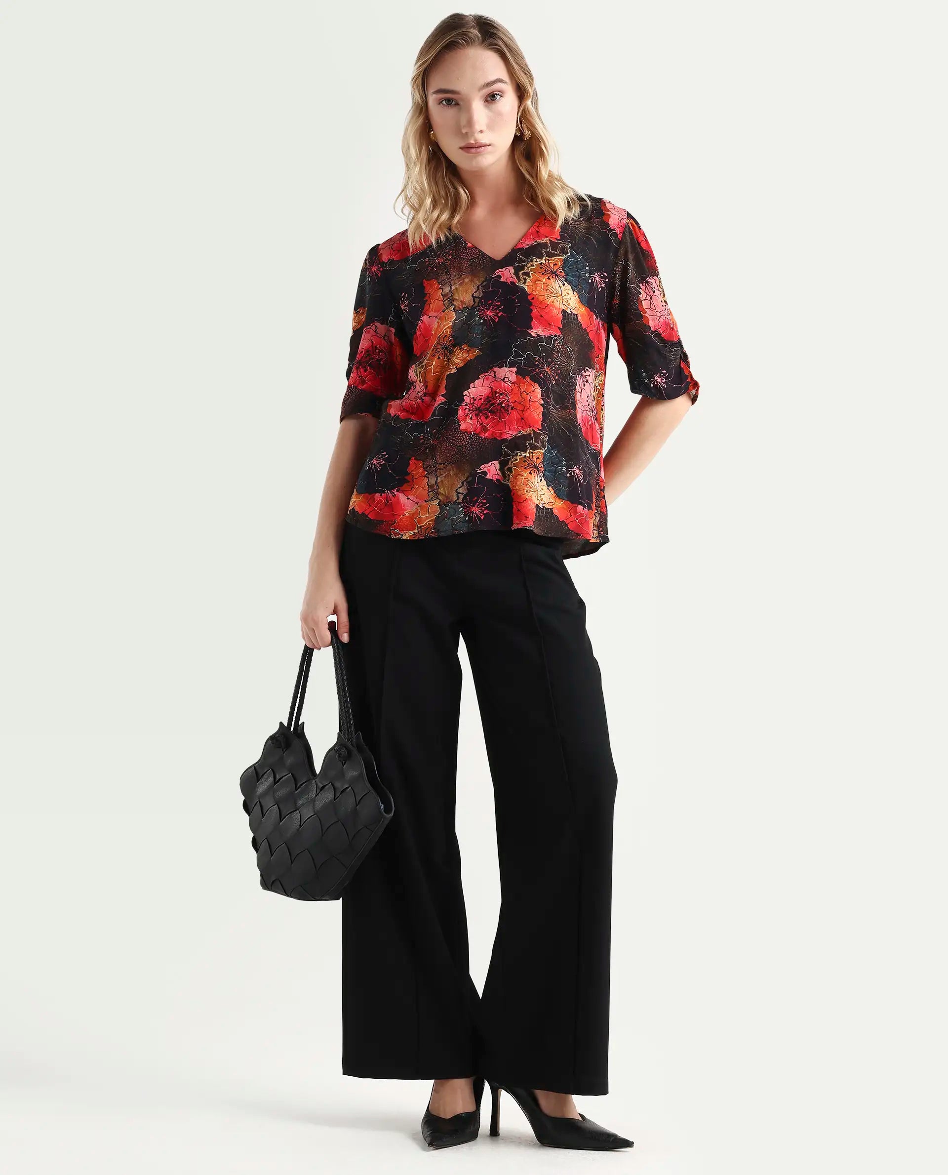 Rareism Women's Labia Multi Cotton Blend V-Neck Floral Print Bell Sleeve Crop Regular Fit Top