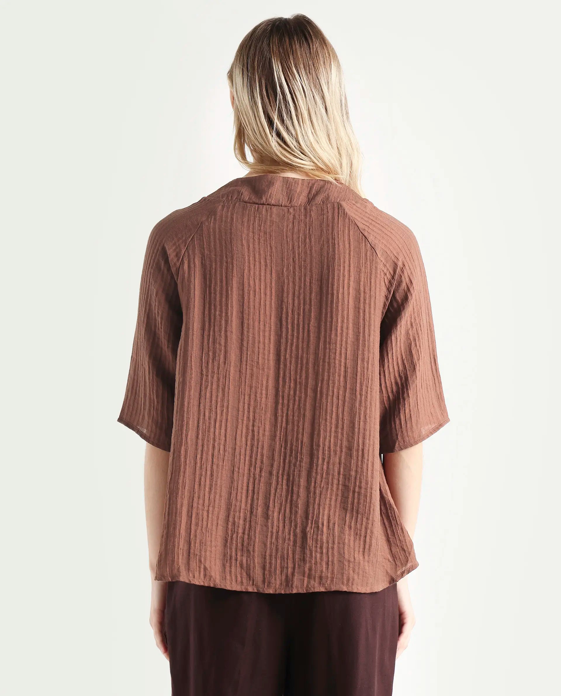 Rareism Women's Maruka Rust Polyester Blend V-Neck Plain Raglan Sleeve Regular Fit Top