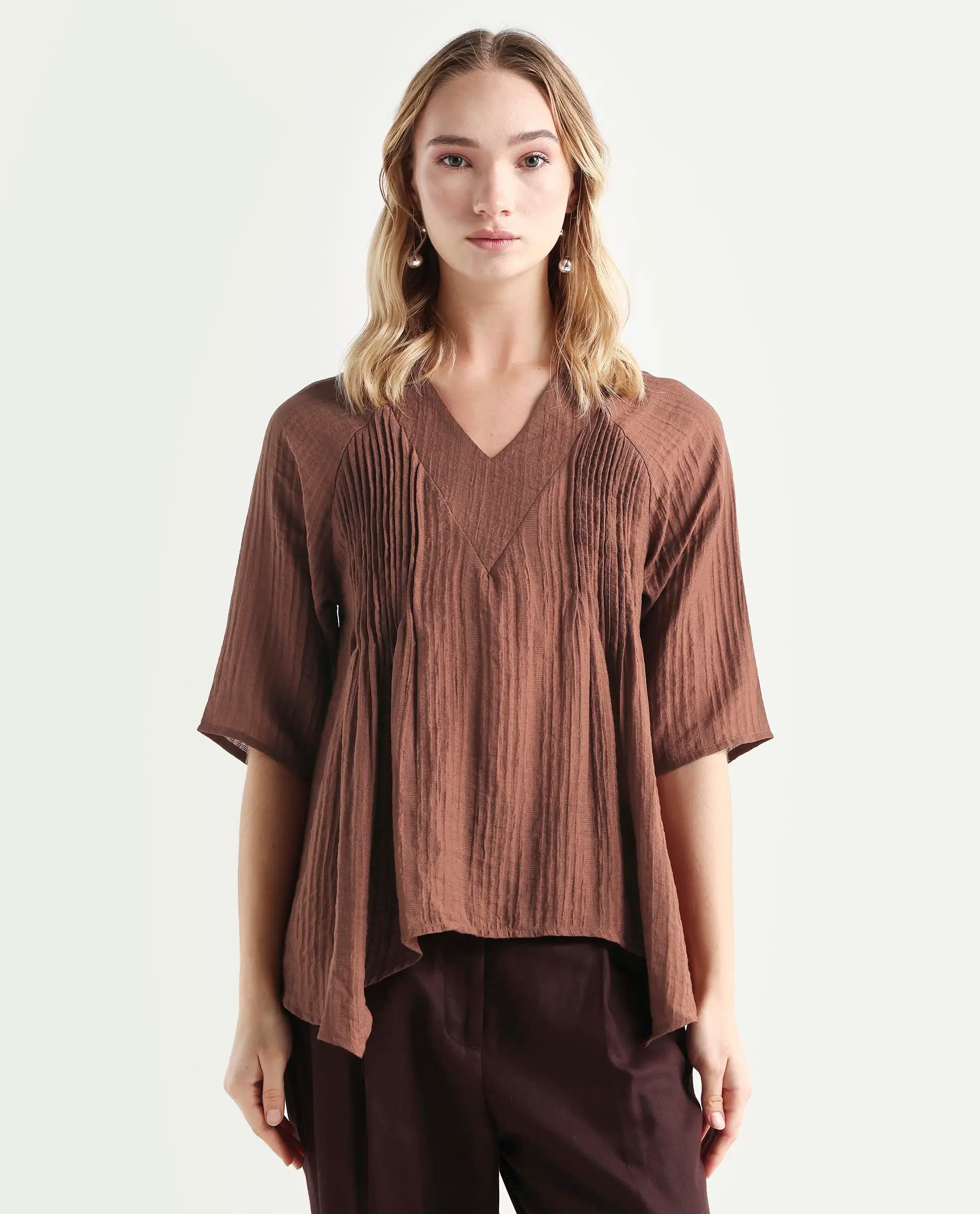 Rareism Women's Maruka Rust Polyester Blend V-Neck Plain Raglan Sleeve Regular Fit Top