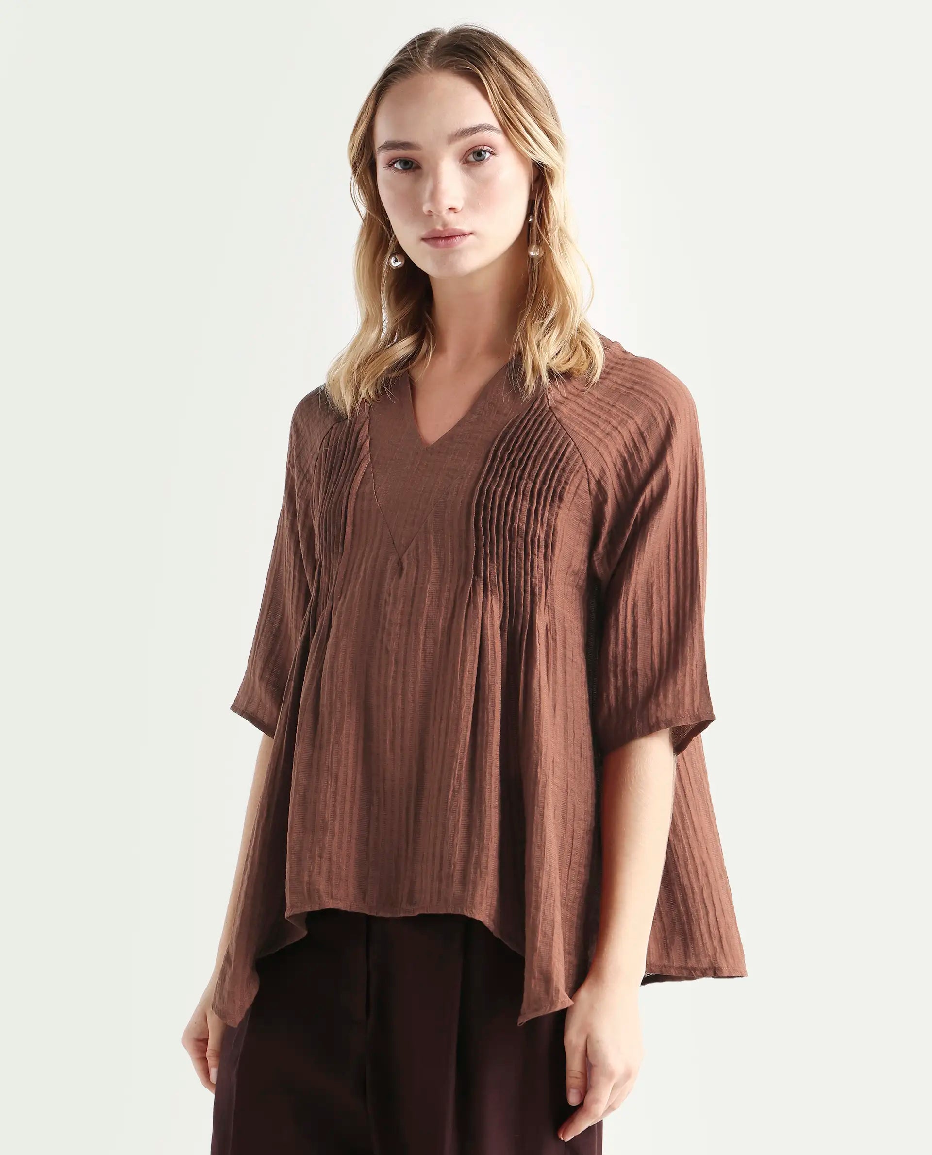 Rareism Women's Maruka Rust Polyester Blend V-Neck Plain Raglan Sleeve Regular Fit Top