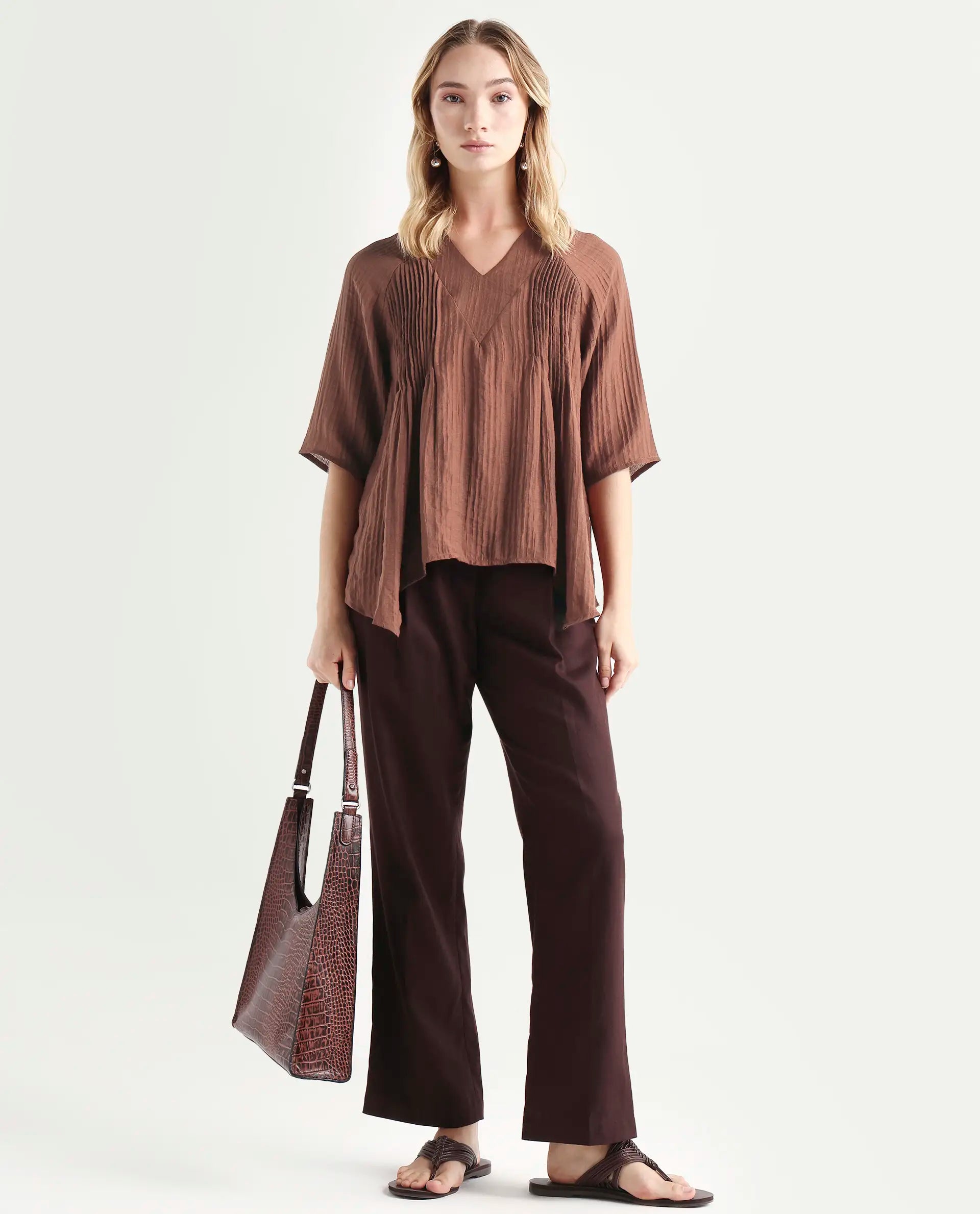 Rareism Women's Maruka Rust Polyester Blend V-Neck Plain Raglan Sleeve Regular Fit Top