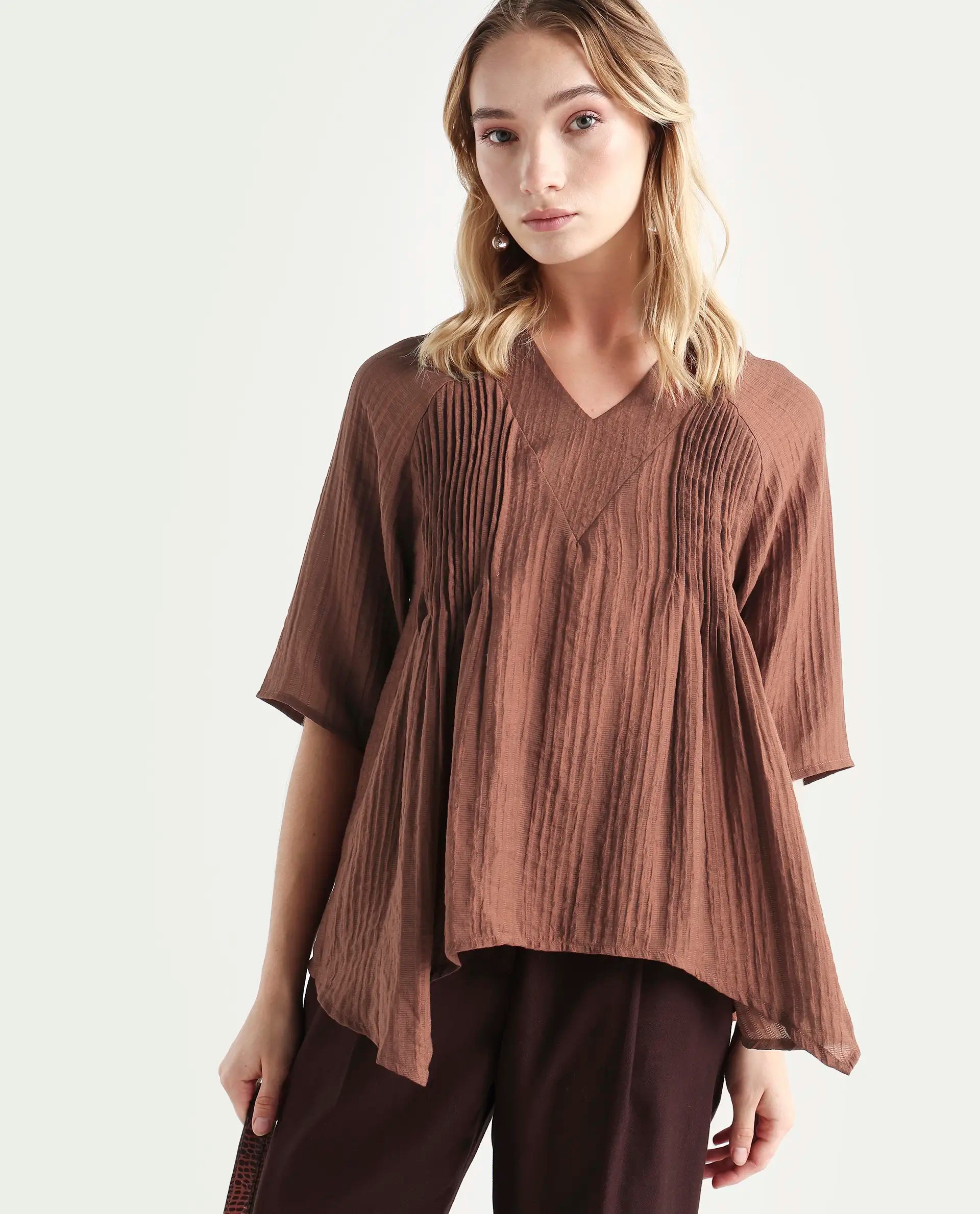 Rareism Women's Maruka Rust Polyester Blend V-Neck Plain Raglan Sleeve Regular Fit Top