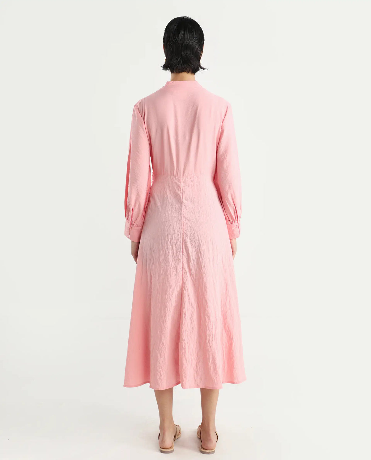 Rareism Women's Samran Peach Nylon Blend V-Neck Plain Bishop Sleeve Maxi Fit And Flare Dress