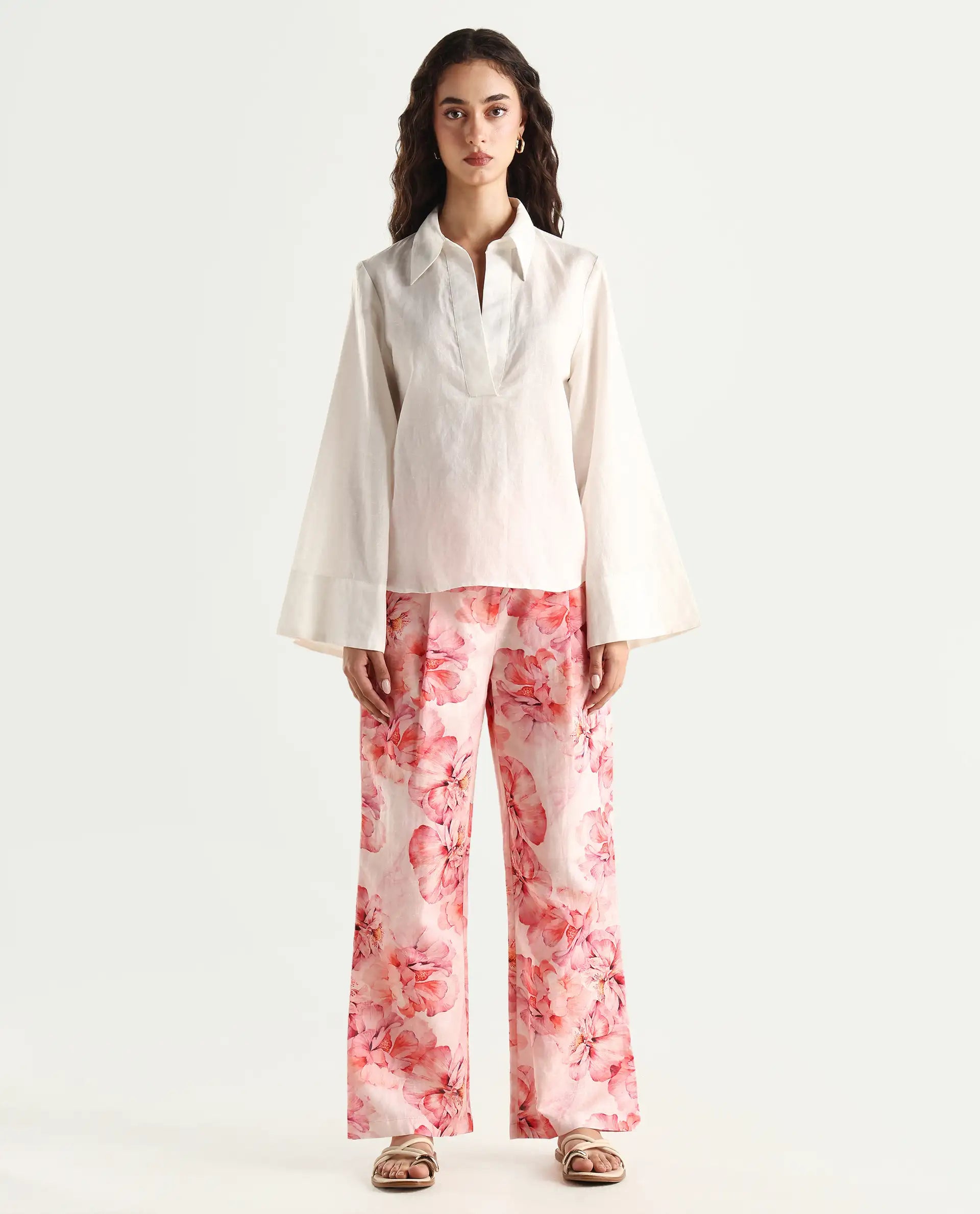 Rareism Women's Quzal Pink Cotton Blend Floral Print Ankle Length Straight Fit Trouser