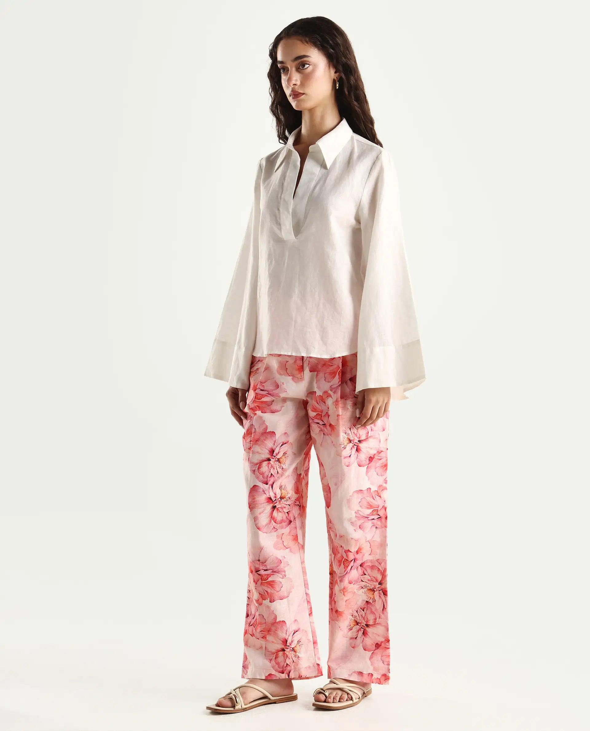 Rareism Women's Quzal Pink Cotton Blend Floral Print Ankle Length Straight Fit Trouser