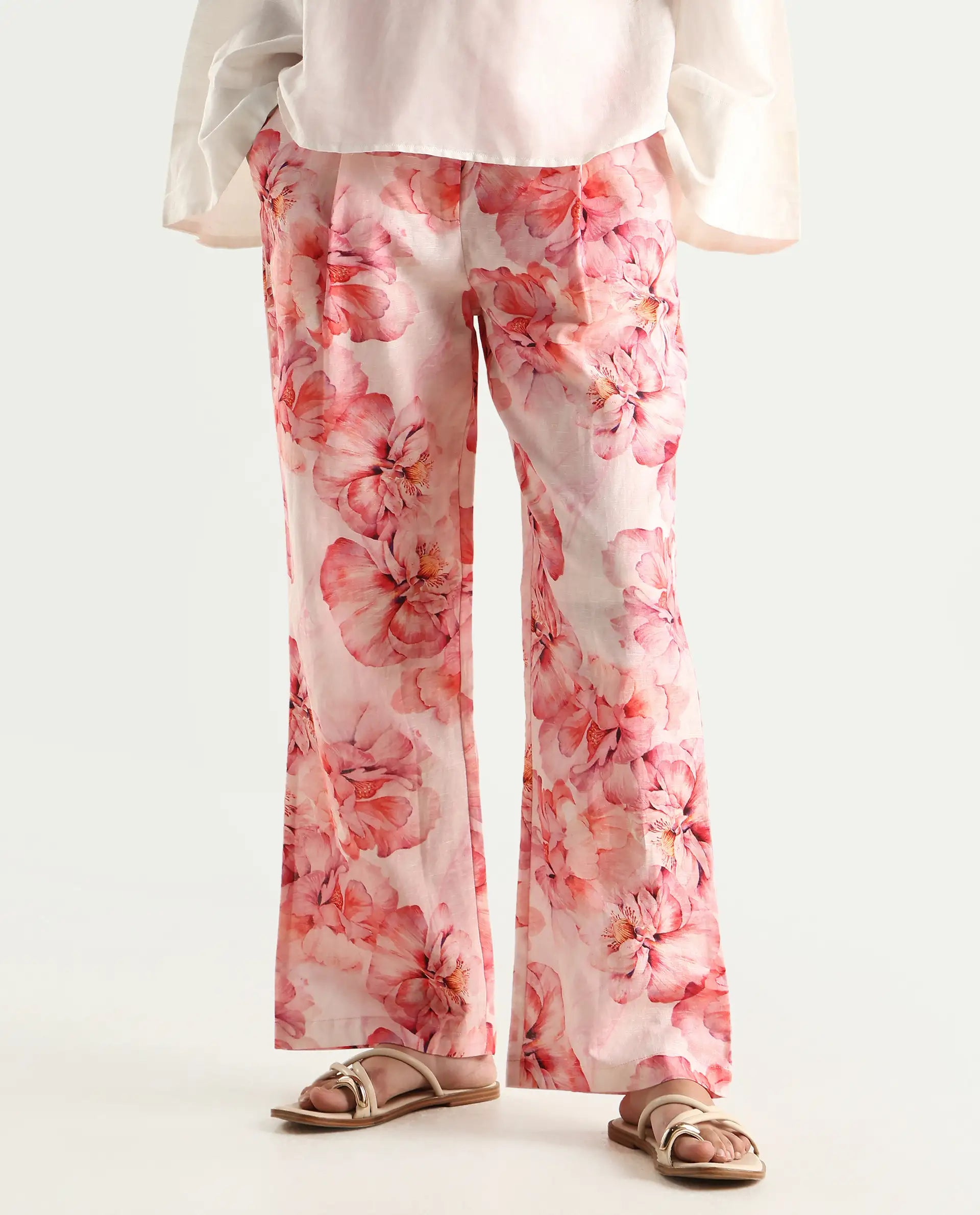 Rareism Women's Quzal Pink Cotton Blend Floral Print Ankle Length Straight Fit Trouser
