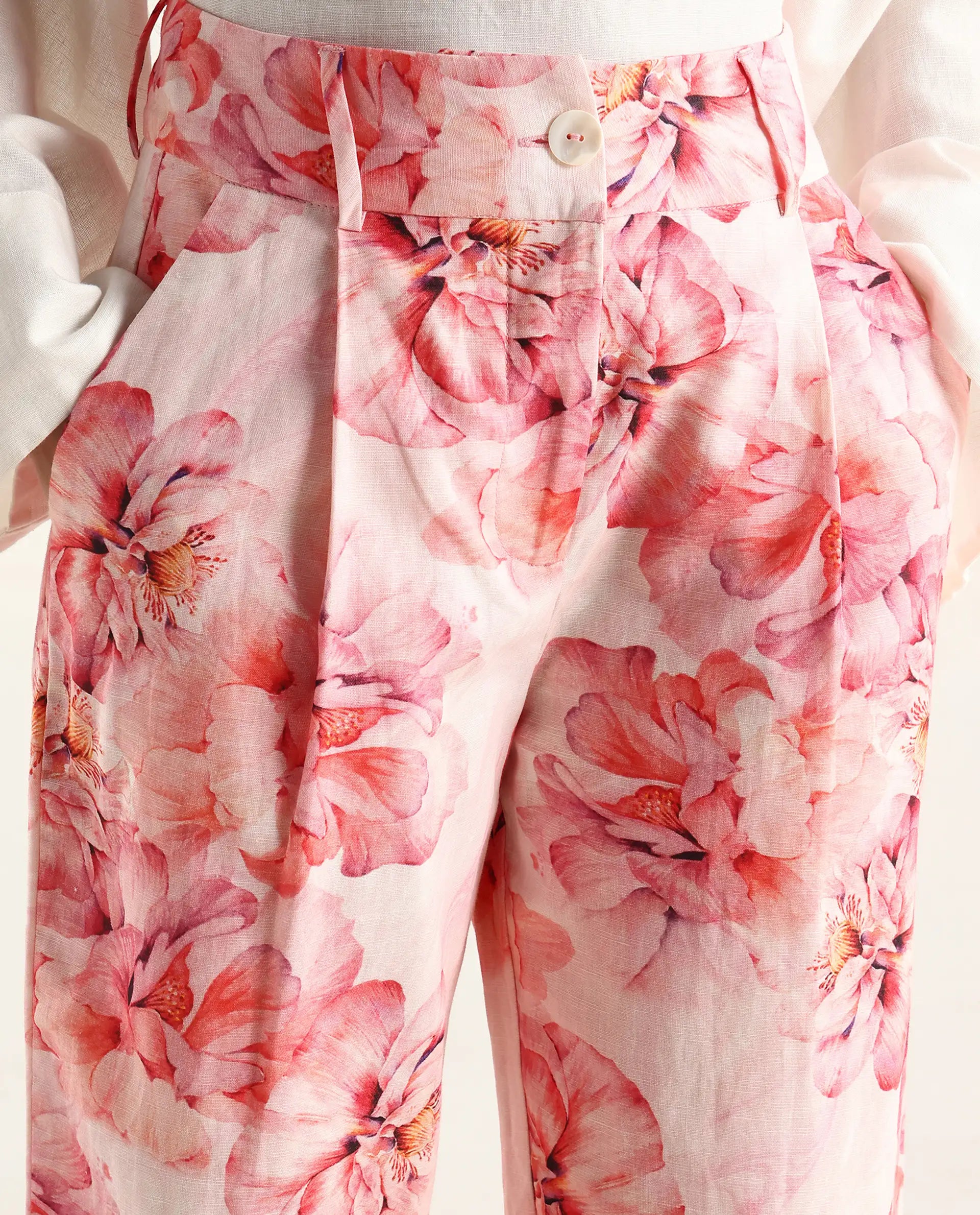 Rareism Women's Quzal Pink Cotton Blend Floral Print Ankle Length Straight Fit Trouser