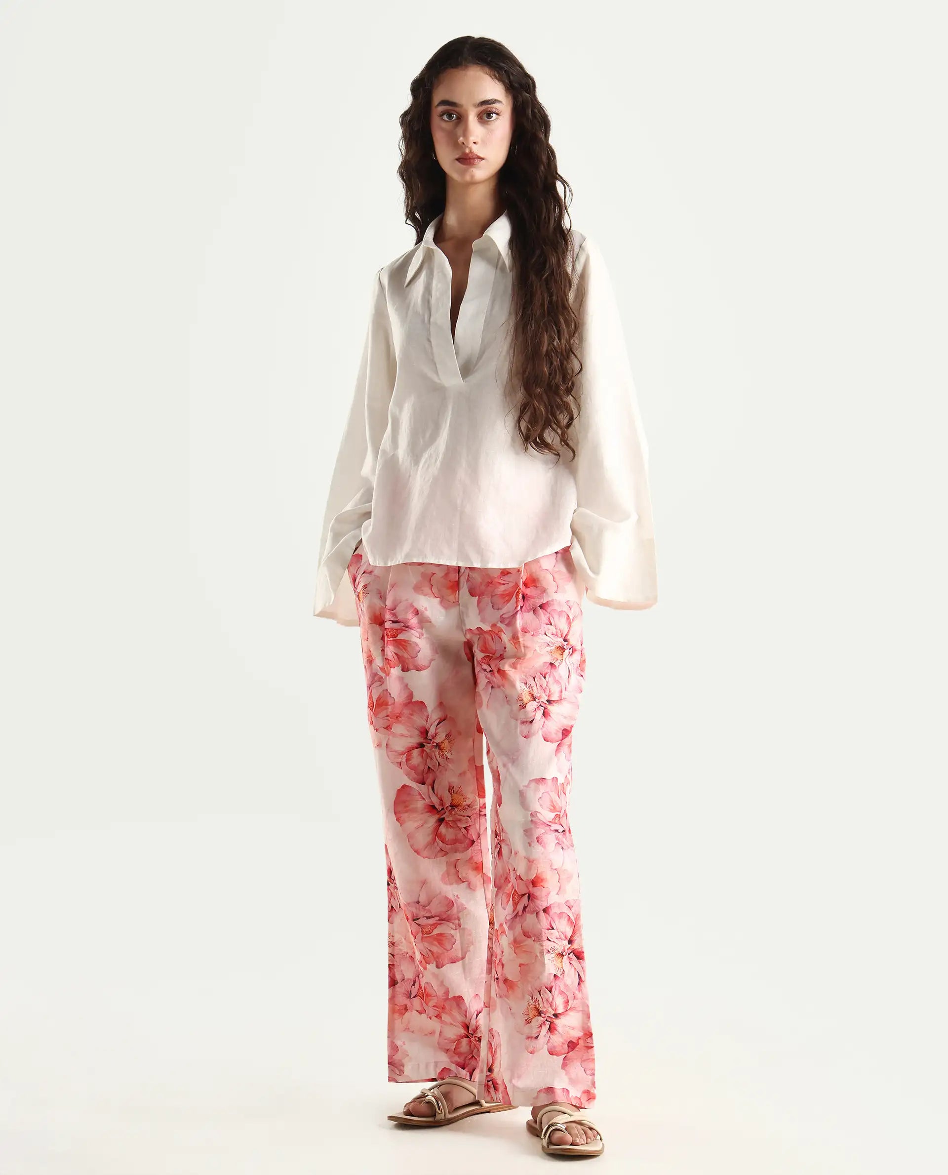 Rareism Women's Quzal Pink Cotton Blend Floral Print Ankle Length Straight Fit Trouser