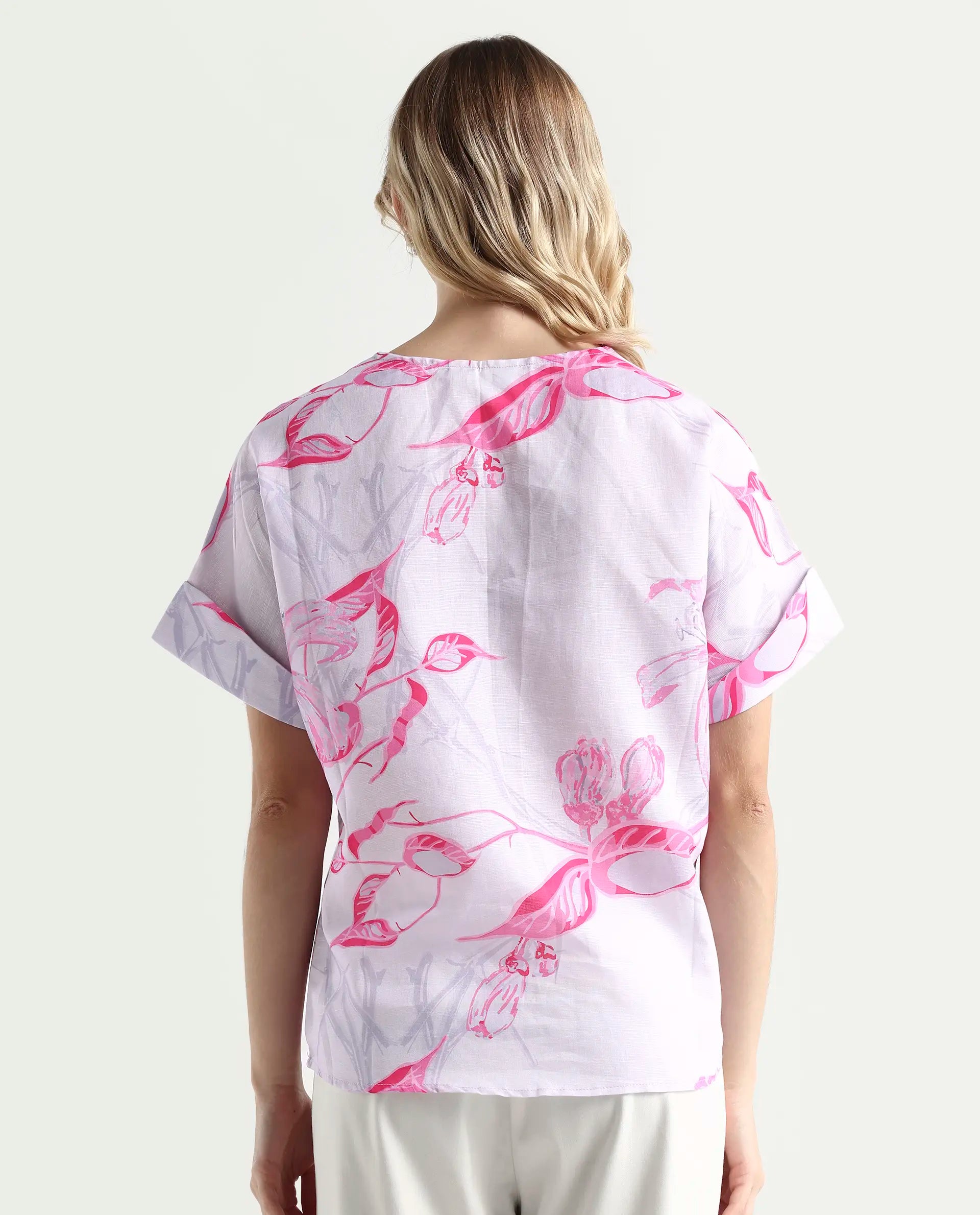Rareism Women's Kyor Dusky Purple Cotton Blend V-Neck Floral Print Extended Sleeves Regular Fit Top