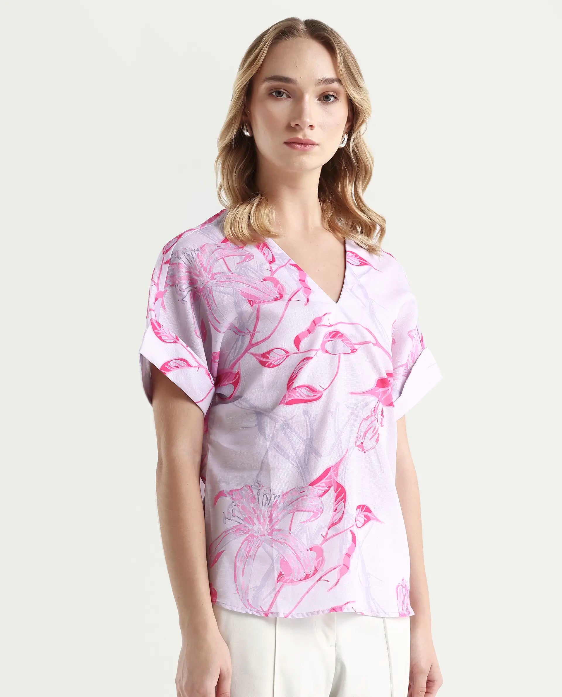 Rareism Women's Kyor Dusky Purple Cotton Blend V-Neck Floral Print Extended Sleeves Regular Fit Top