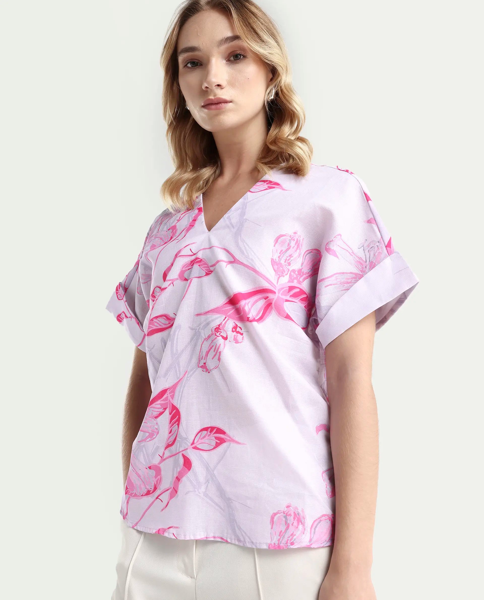 Rareism Women's Kyor Dusky Purple Cotton Blend V-Neck Floral Print Extended Sleeves Regular Fit Top