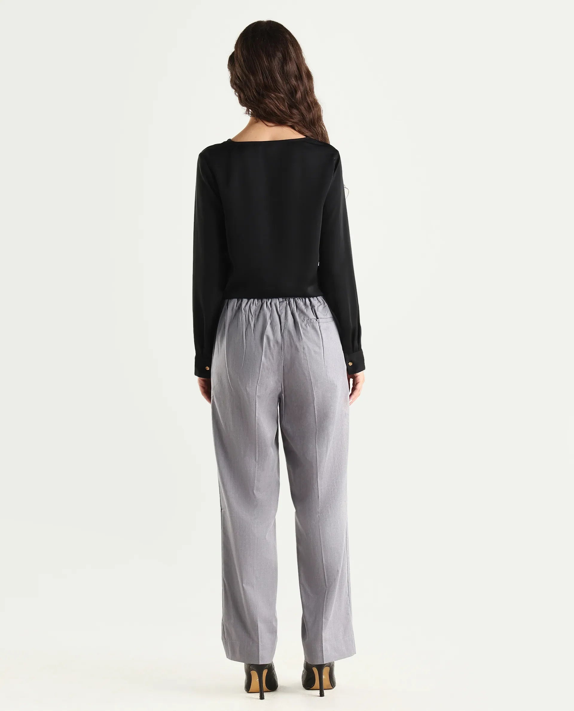 Rareism Women's Tiza Grey Polyester Blend Plain Ankle Length Straight Fit Trouser